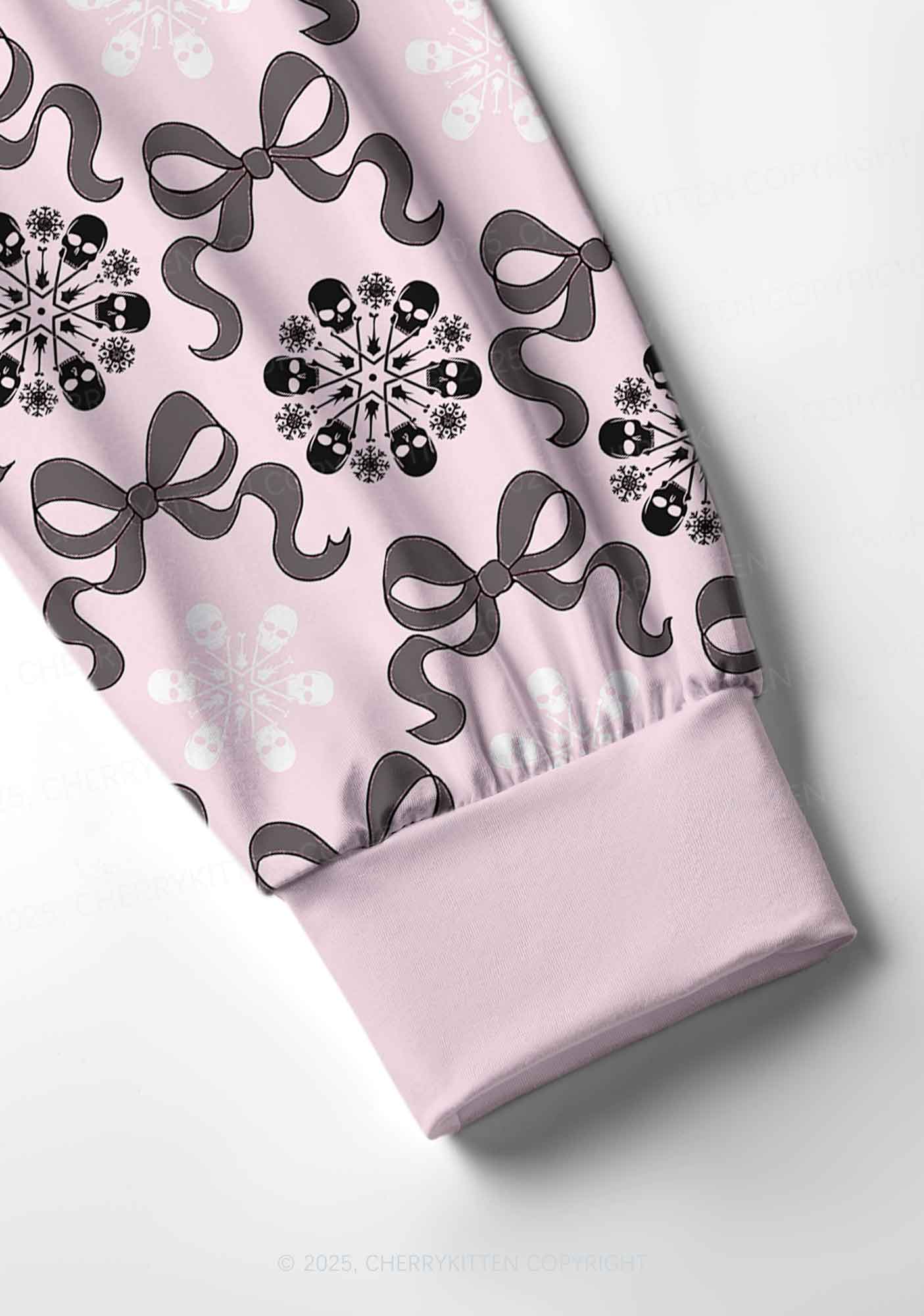 Christmas Bow Skull Snowflakes Y2K Print Long Sleeve Pajama Set Cherrykitten