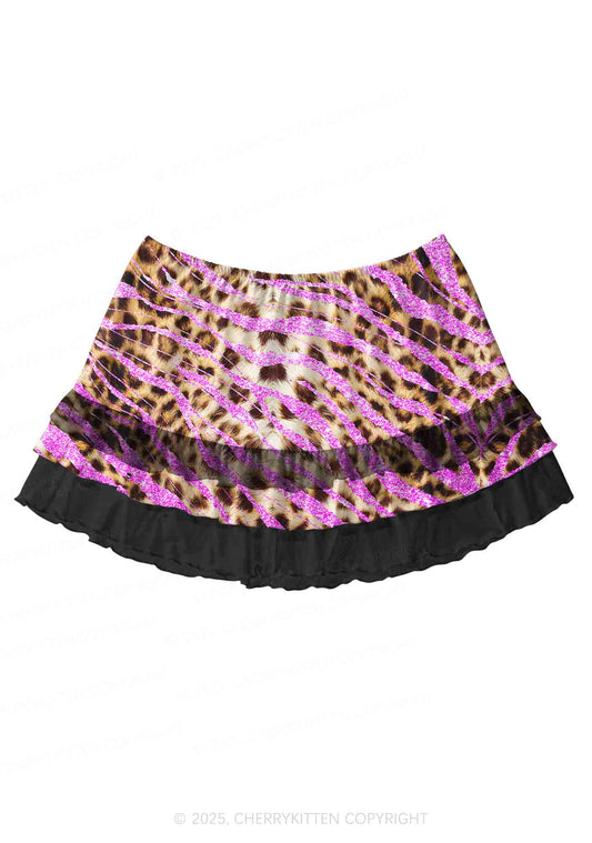 Sparkle Pink Leopard Y2K Print Mini Layered Skirt Cherrykitten