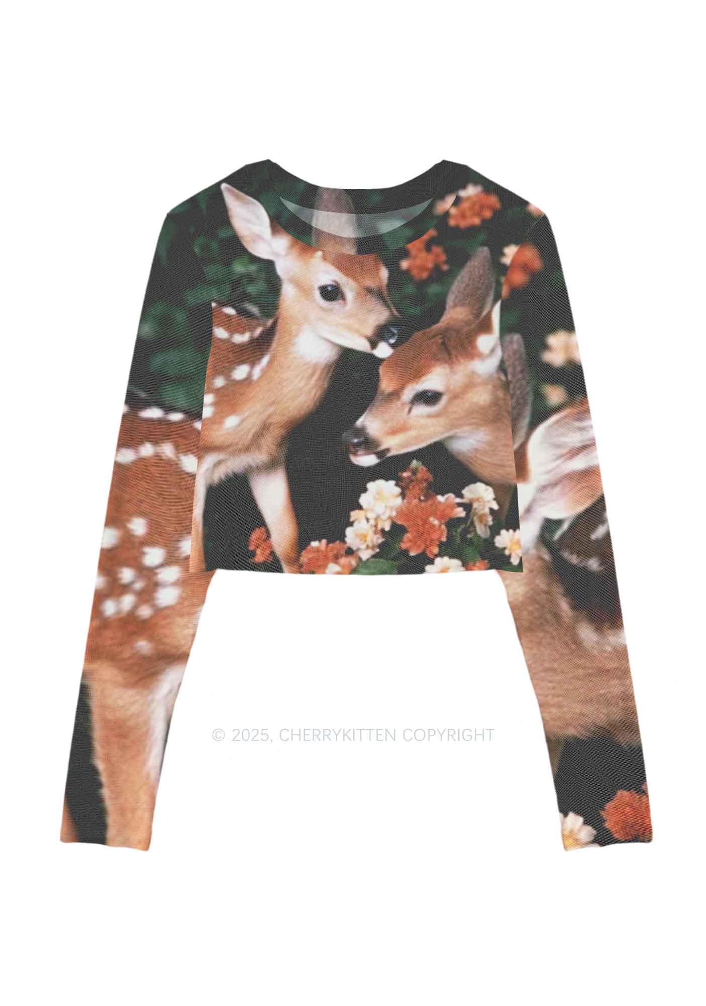 Deer Flowers Y2K Mesh Long Sleeve Crop Top Cherrykitten