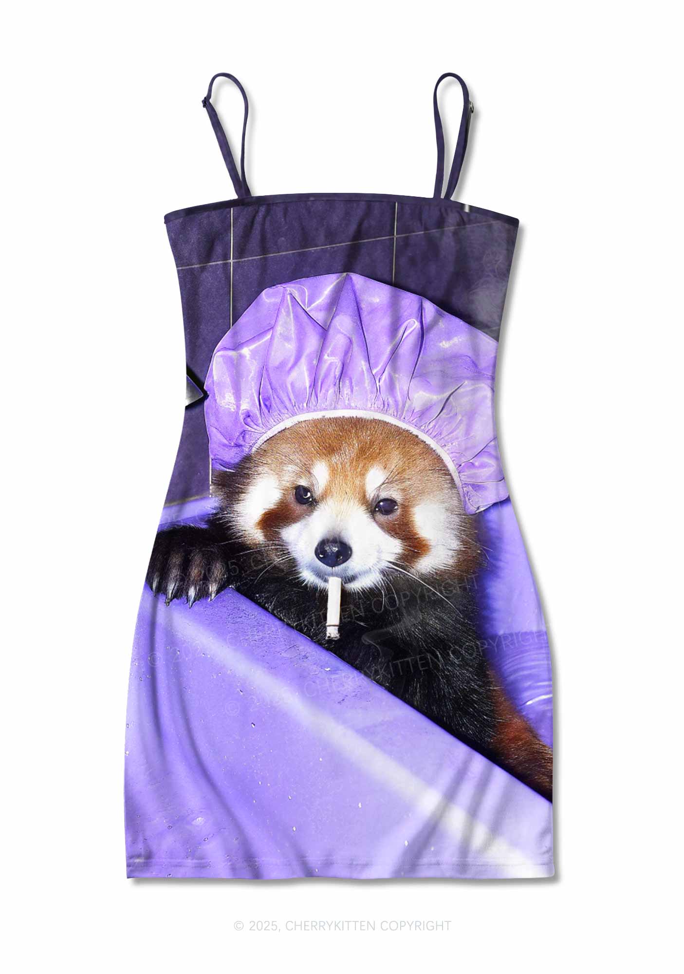 Purple Bath Smoking Raccoon Y2K Print Slip Dress Cherrykitten