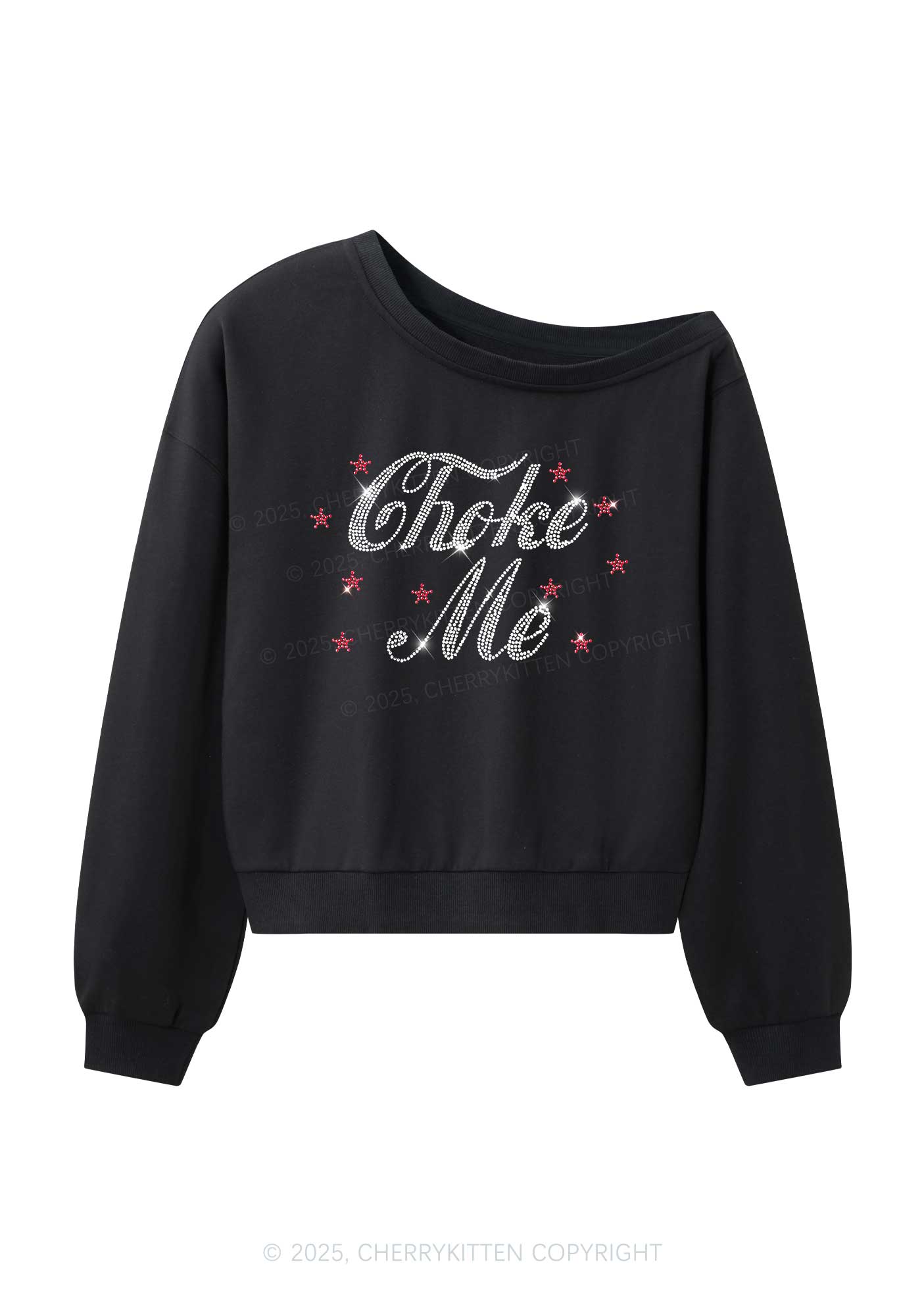 Rhinestone Choke Me Y2K Off Shoulder Sweatshirts Cherrykitten