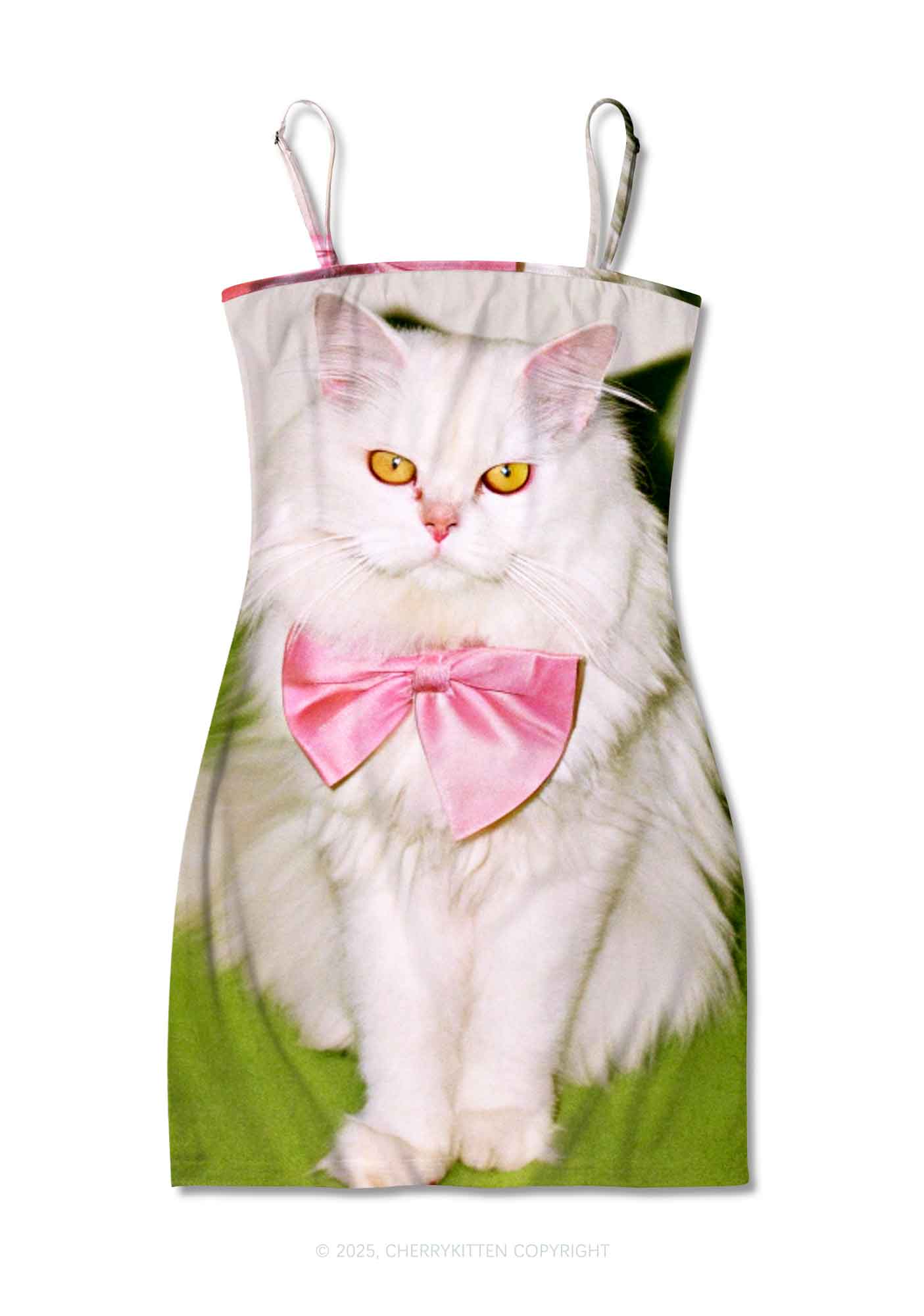 Pink Bow Cat Y2K Print Slip Dress Cherrykitten