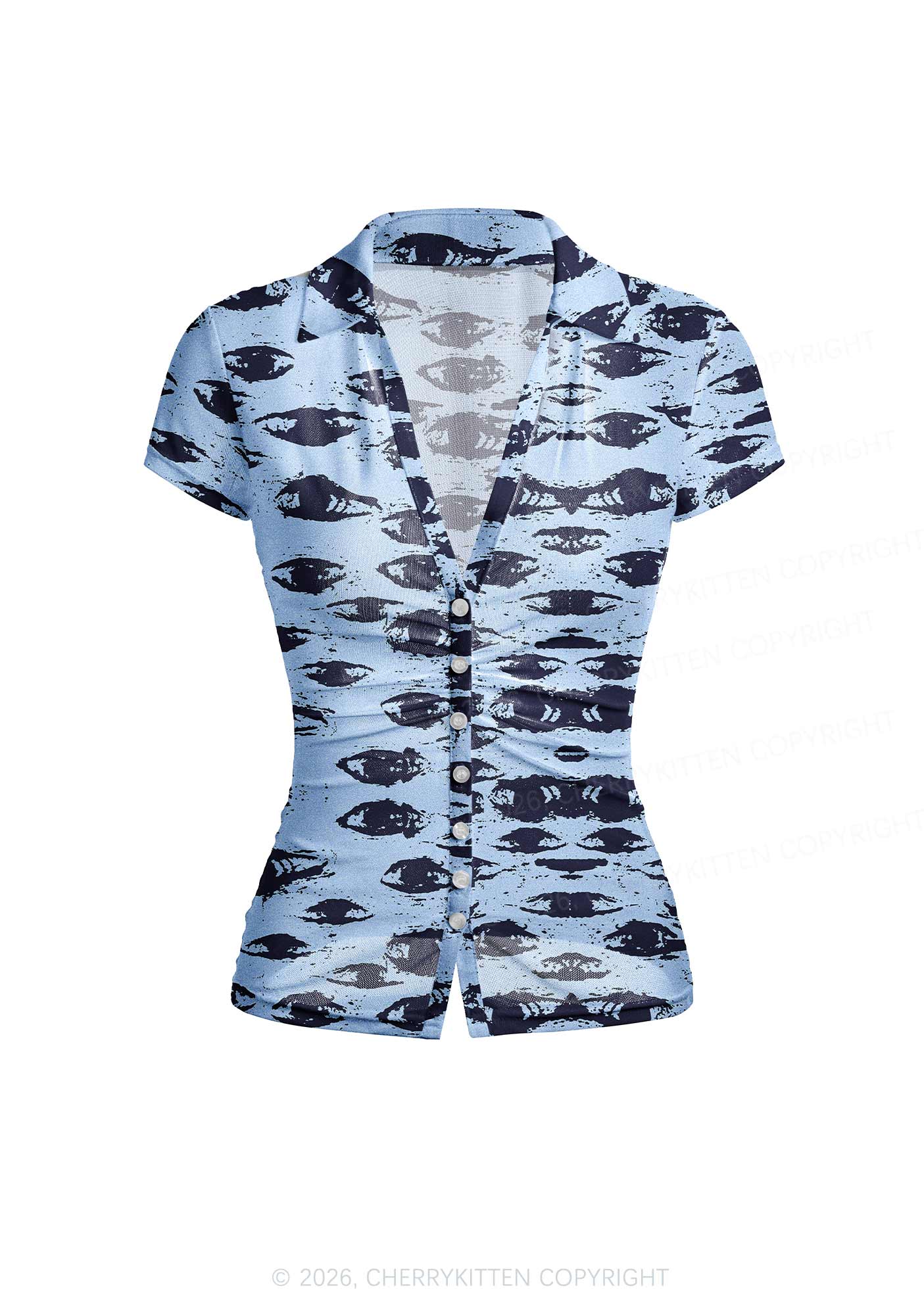Eyes In The Blue Y2K Mesh Ruched Waist V Neck Top Cherrykitten