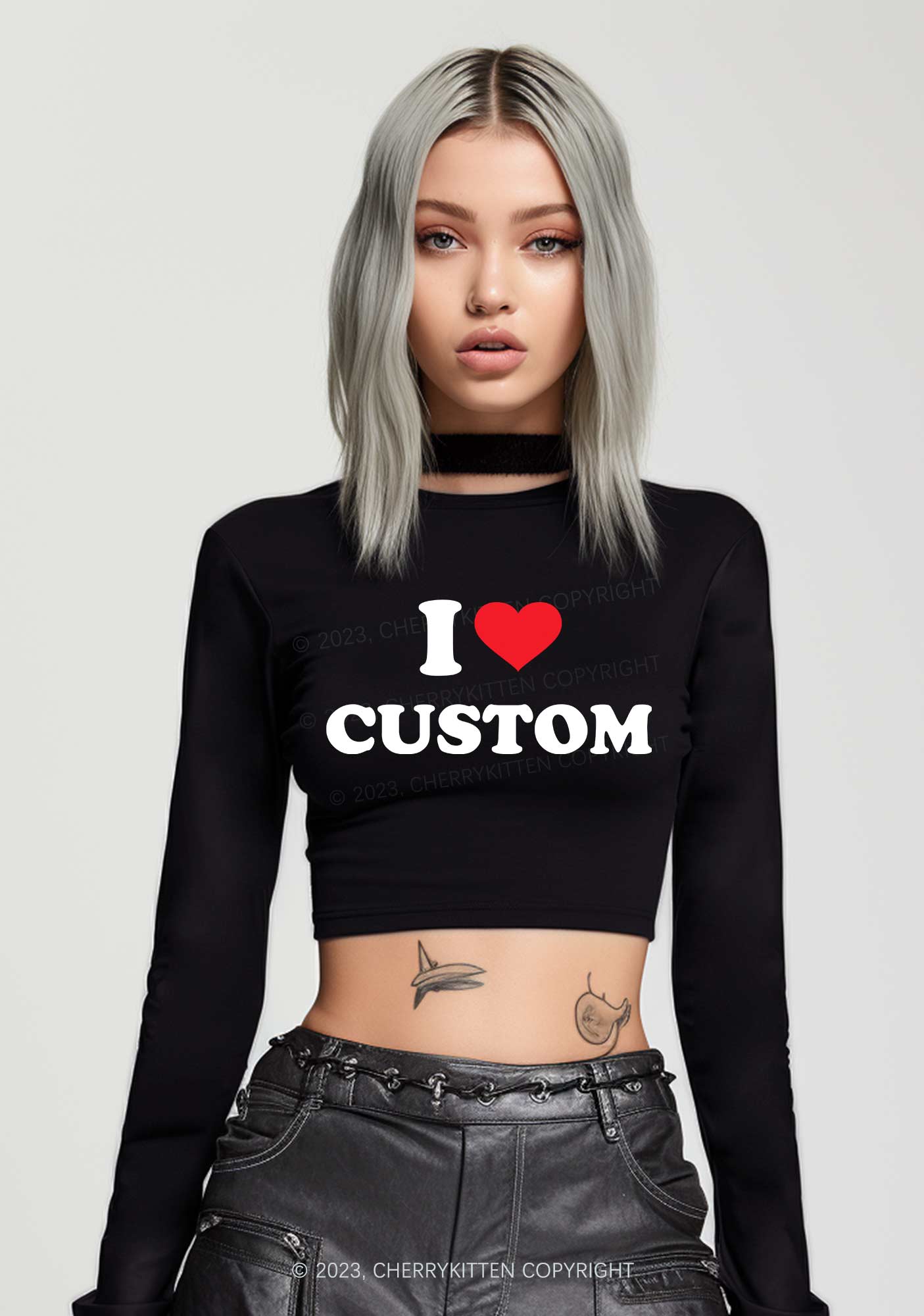 I Love Custom Personalized Long Sleeve Crop Top Cherrykitten