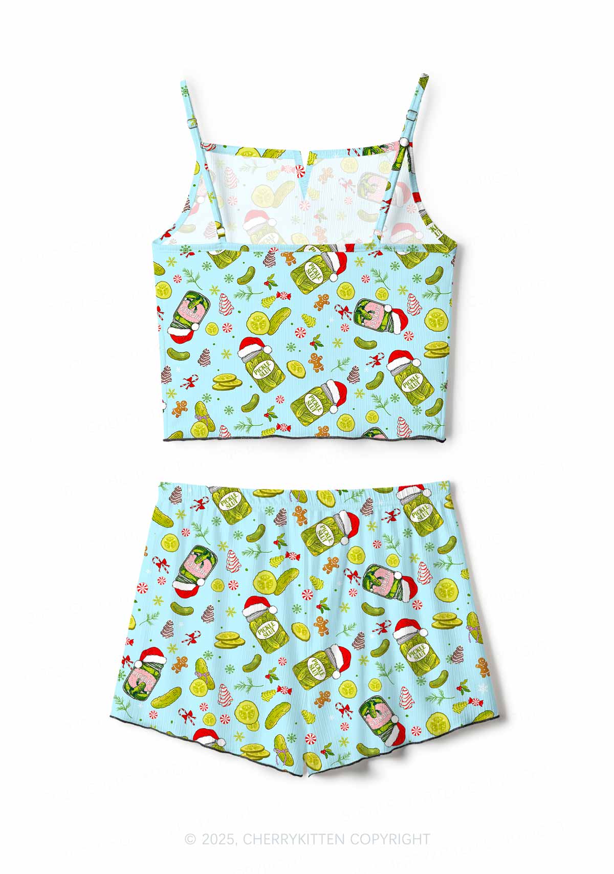 Christmas Green Santa Hat Pickle Y2K Print Cami Shorts Pajama Set Cherrykitten