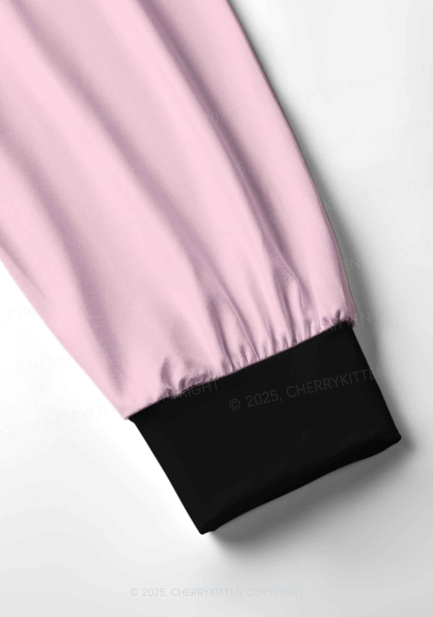Plain Light Pink Y2K Print Long Sleeve Pajama Set Cherrykitten