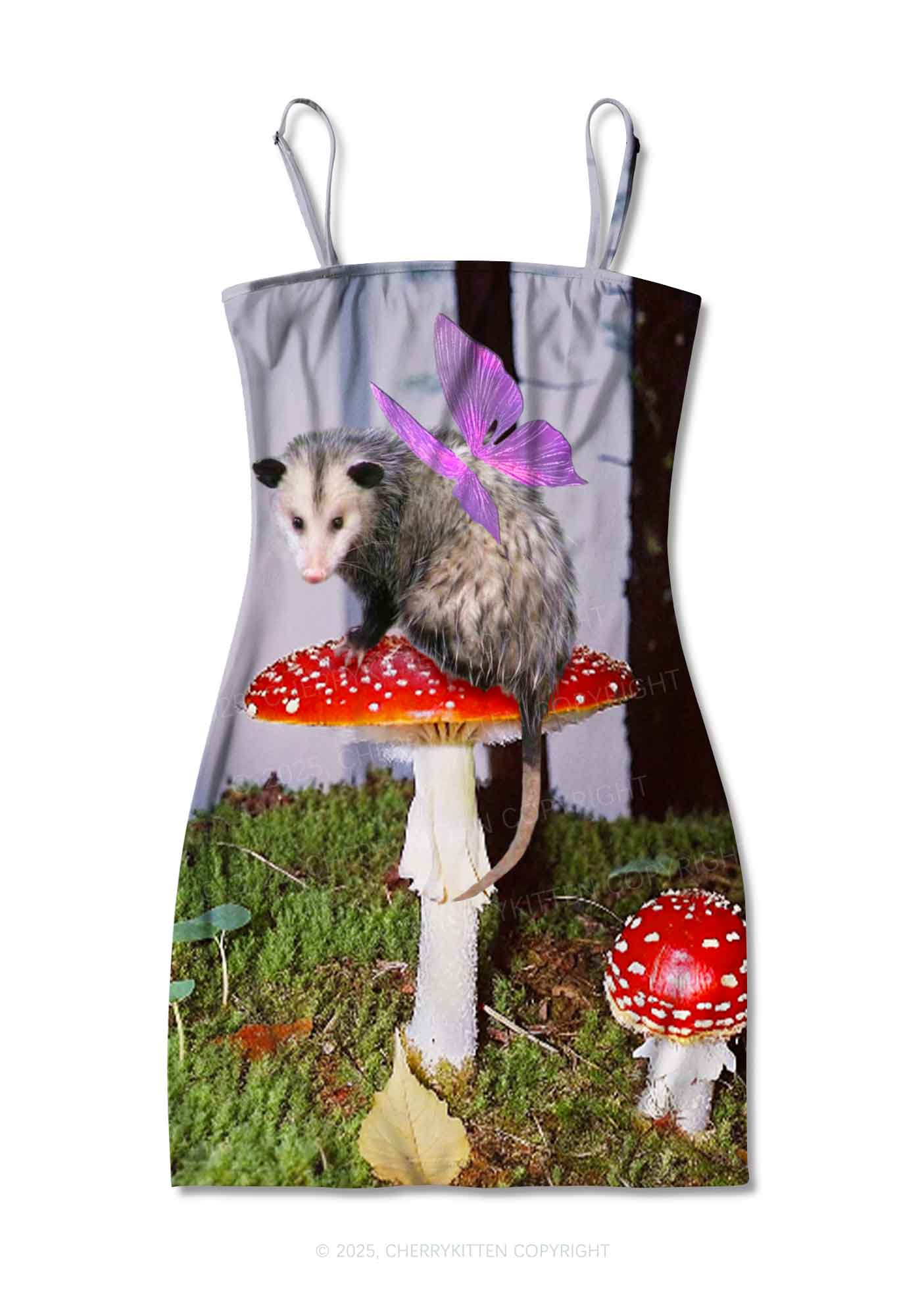 Fairy Possum On Mushroom Y2K Print Slip Dress Cherrykitten