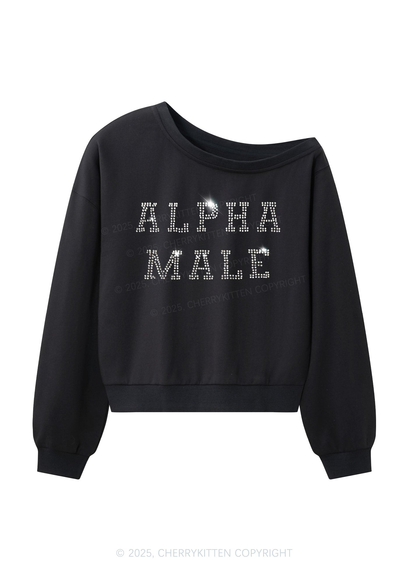 Rhinestone Alpha Male Y2K Off Shoulder Sweatshirts Cherrykitten