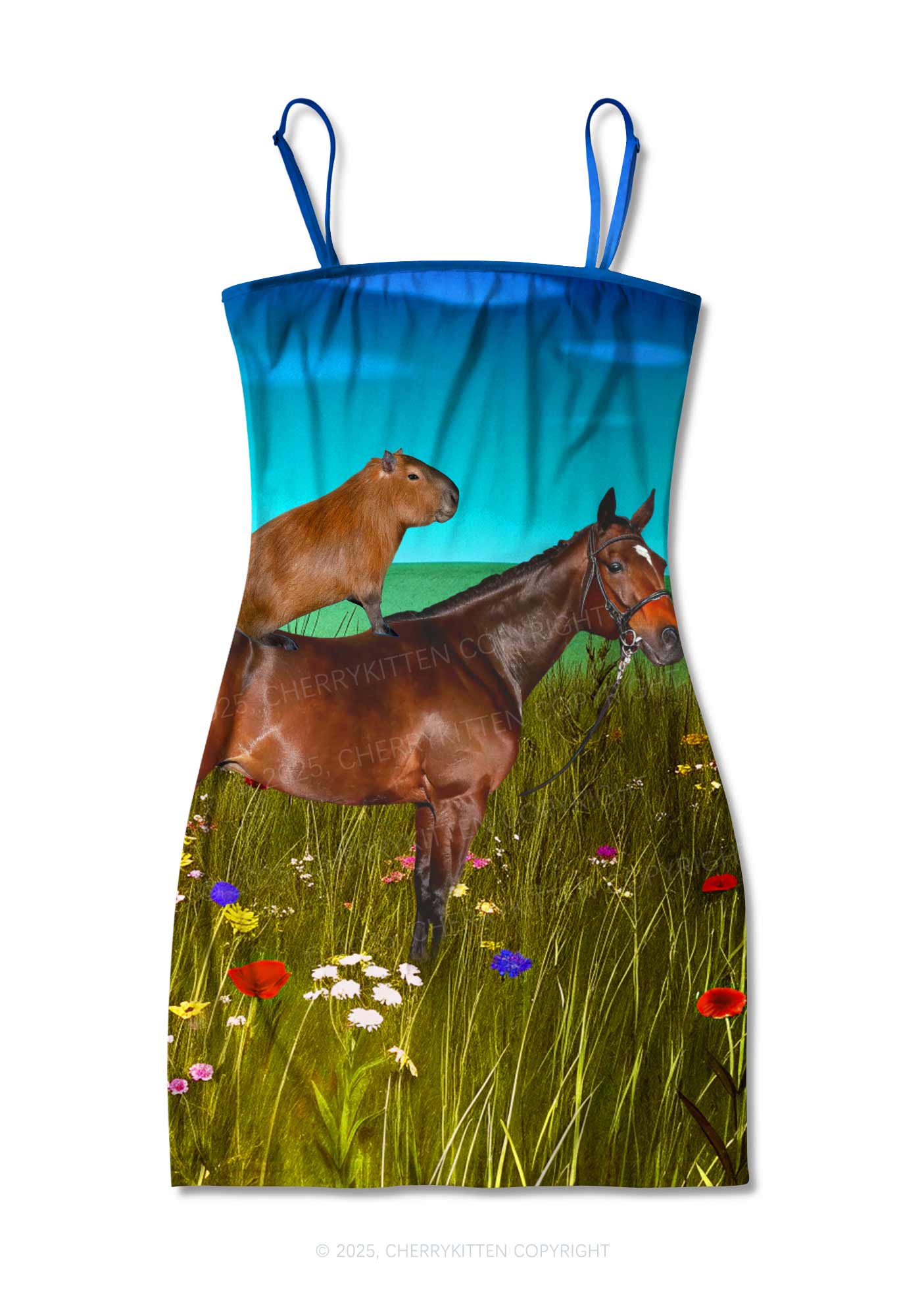 Horseback Capybara Y2K Print Slip Dress Cherrykitten
