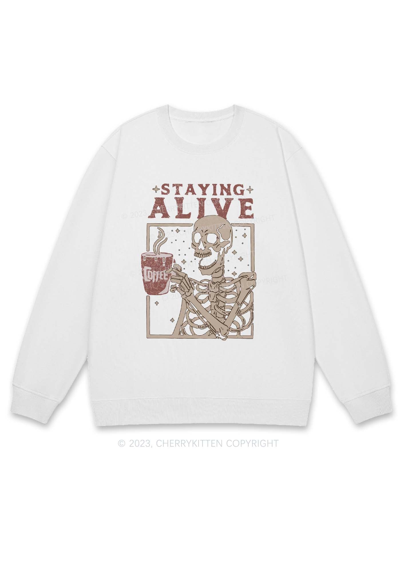Staying Alive Skeleton Halloween Y2K Sweatshirt Cherrykitten