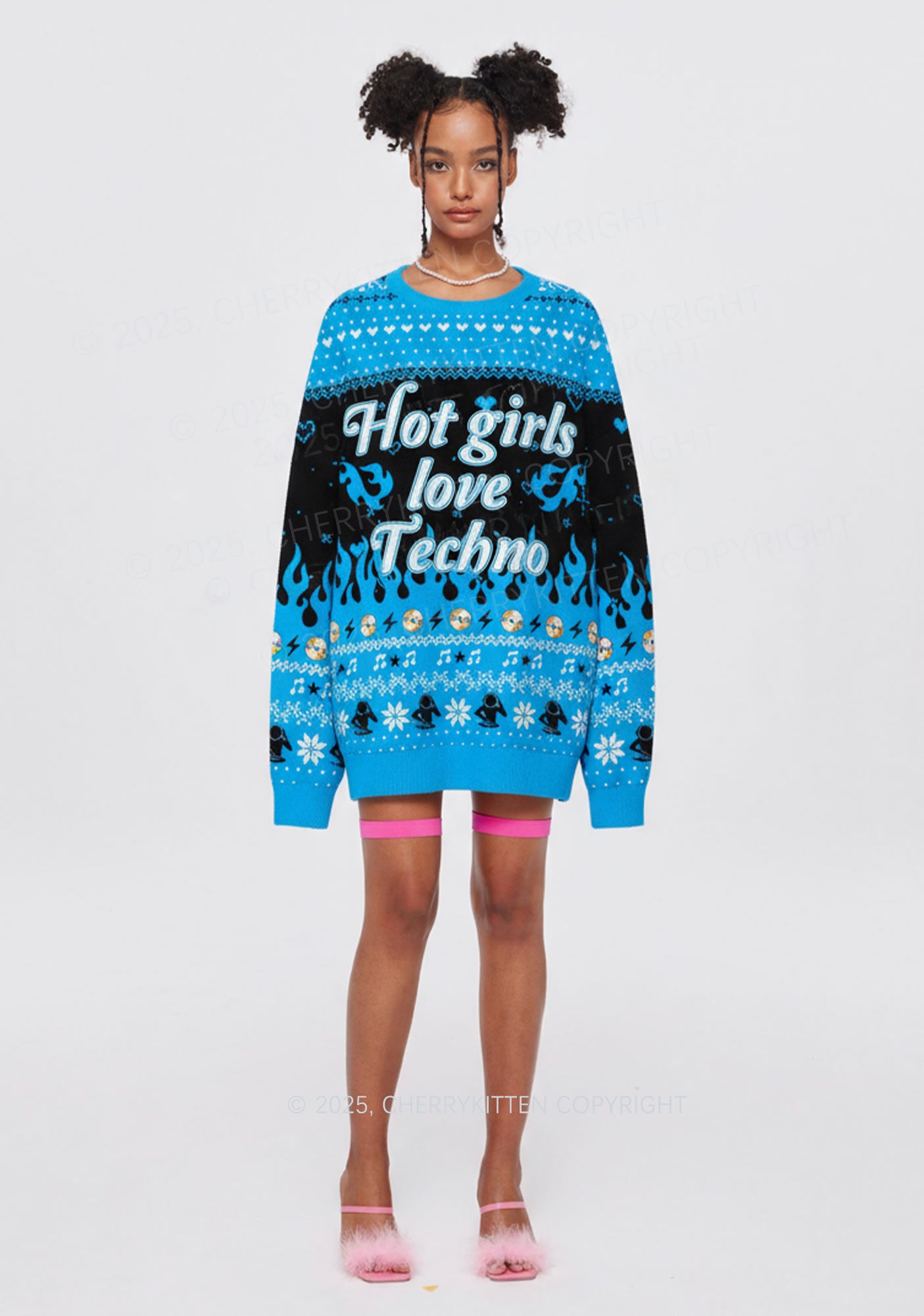 Blue Hot Girls Love Techno Y2K Christmas Knit Sweatshirt Cherrykitten