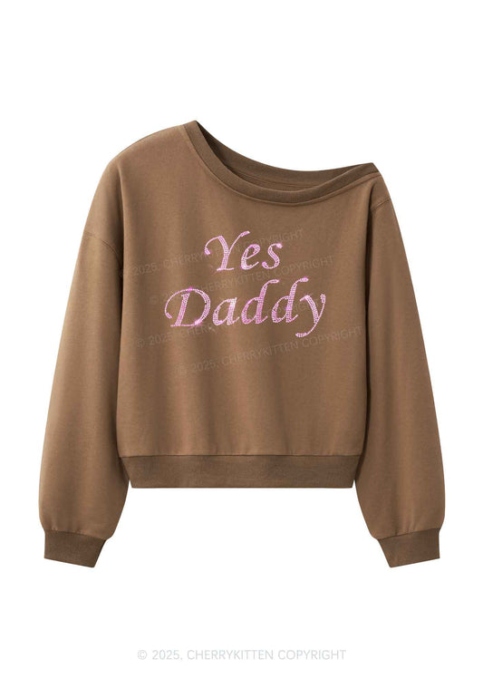Rhinestone Yes Daddy Y2K Off Shoulder Sweatshirts Cherrykitten