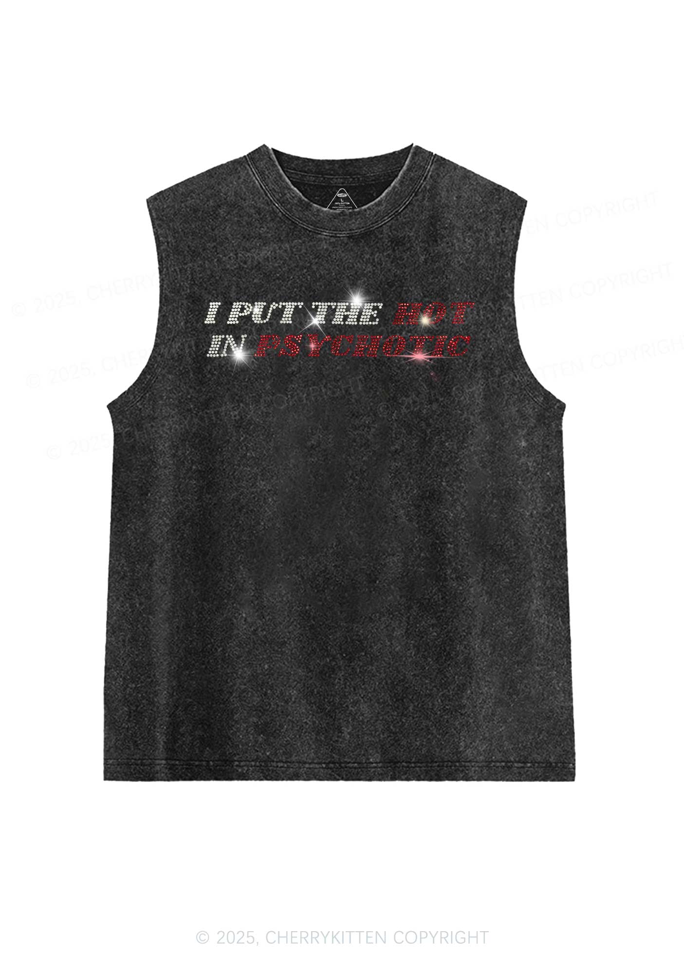 Rhinestone I Put The Hot In Psychotic Y2K Washed Muscle Tank Cherrykitten