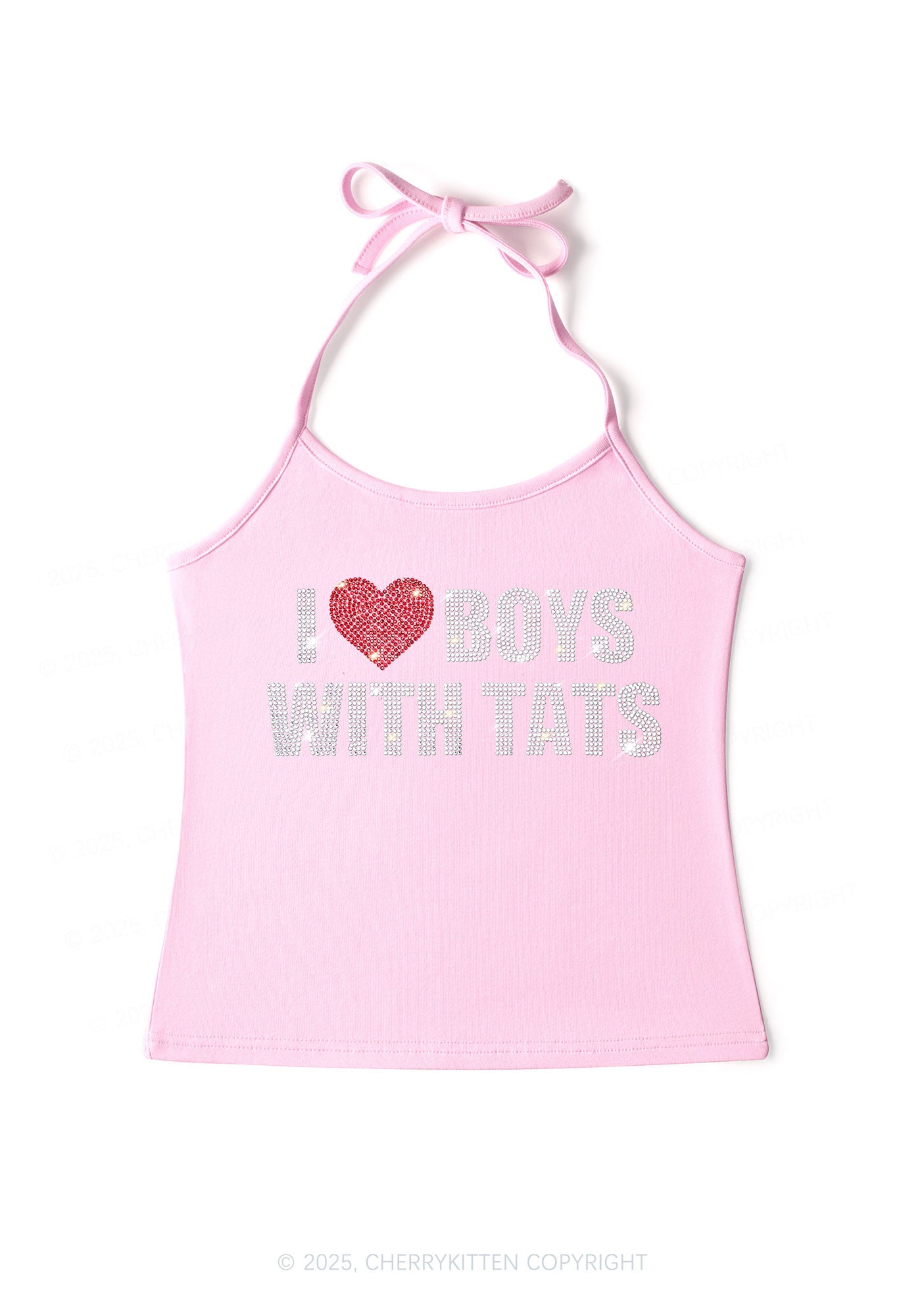 Rhinestone I Love Boys With Tats Y2K Halter Neck Cami Cherrykitten