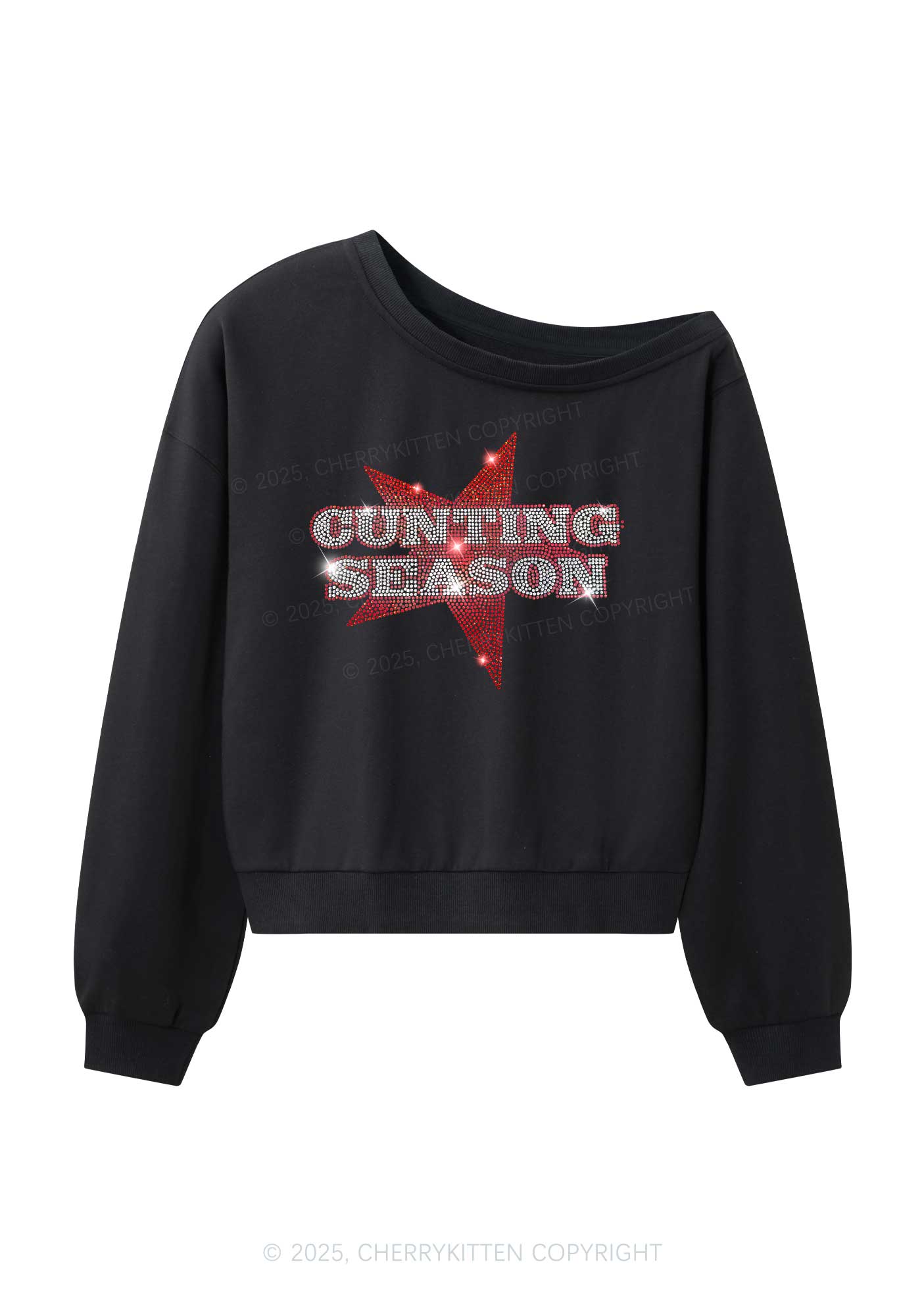 Rhinestone Cunting Season Y2K Off Shoulder Sweatshirts Cherrykitten