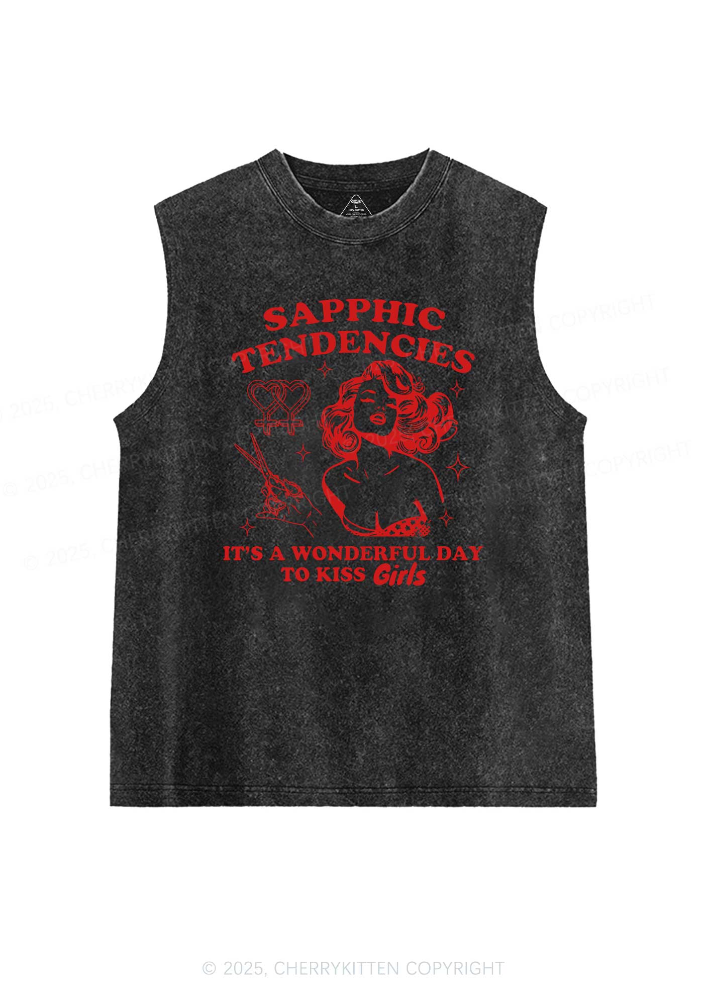 Sapphic Tendencies Kiss Girls Pride Y2K Washed Muscle Tank Cherrykitten