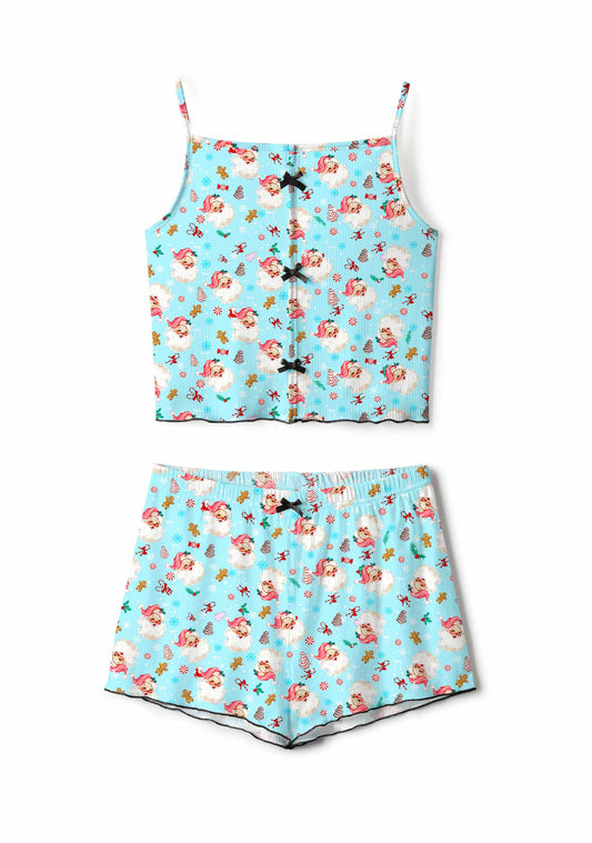 Christmas Blue Santa Y2K Print Cami Shorts Pajama Set Cherrykitten