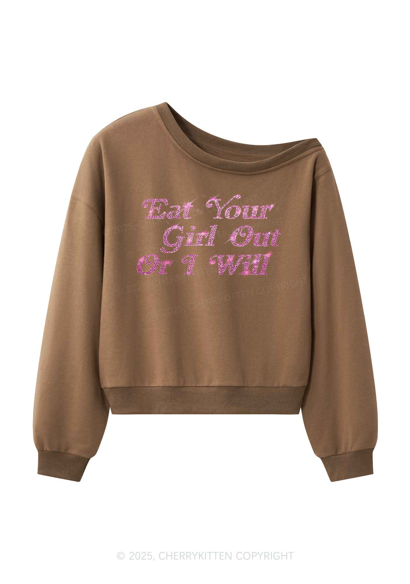Rhinestone Eat Your Girl Out Y2K Off Shoulder Sweatshirts Cherrykitten