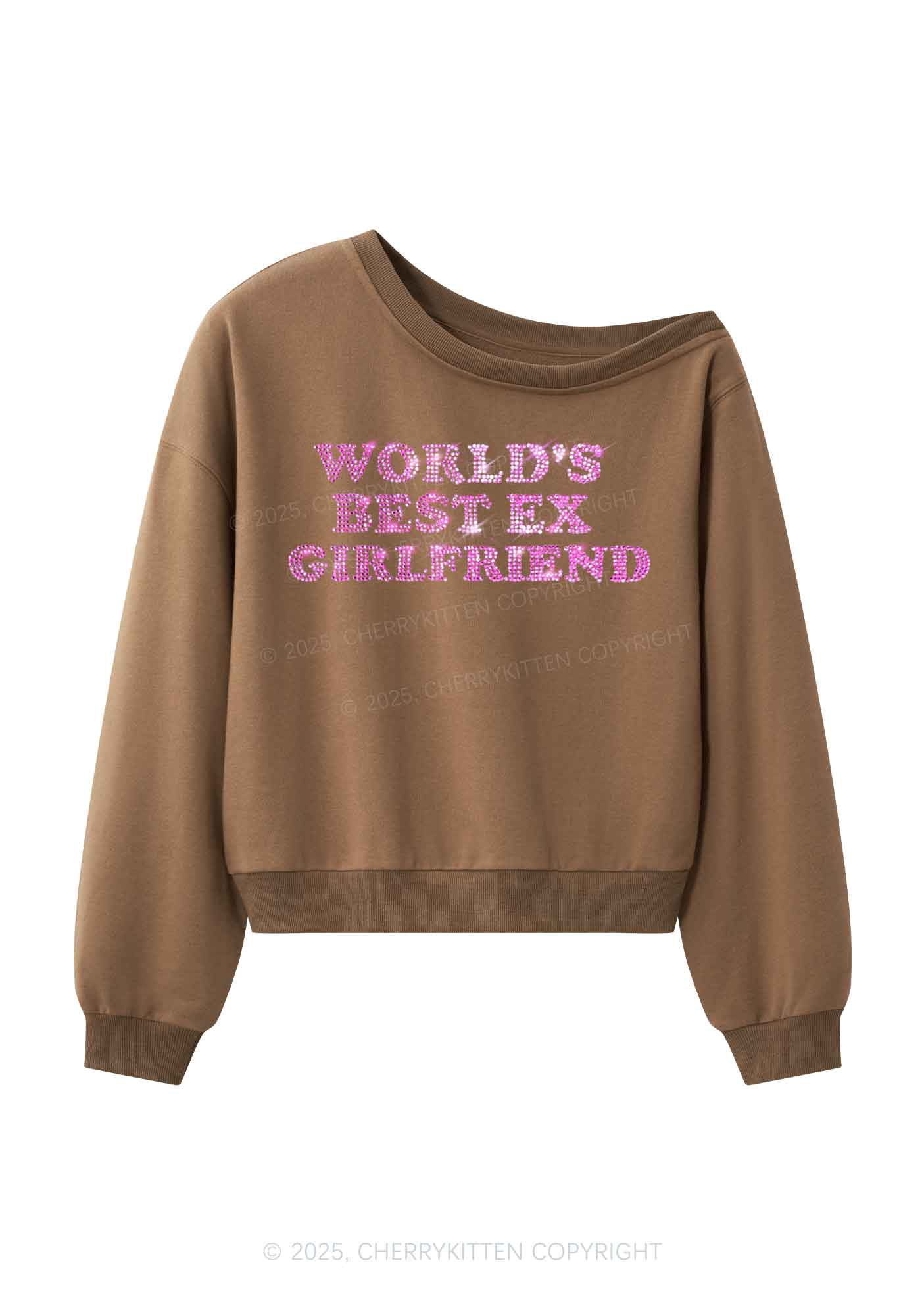 Rhinestone Best Ex Girlfriend Y2K Off Shoulder Sweatshirts Cherrykitten
