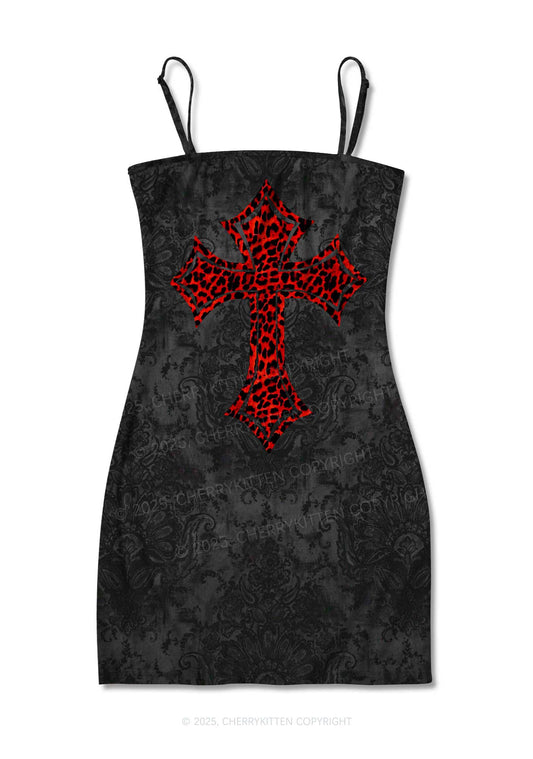 Dark Leopard Cross Y2K Print Slip Dress Cherrykitten