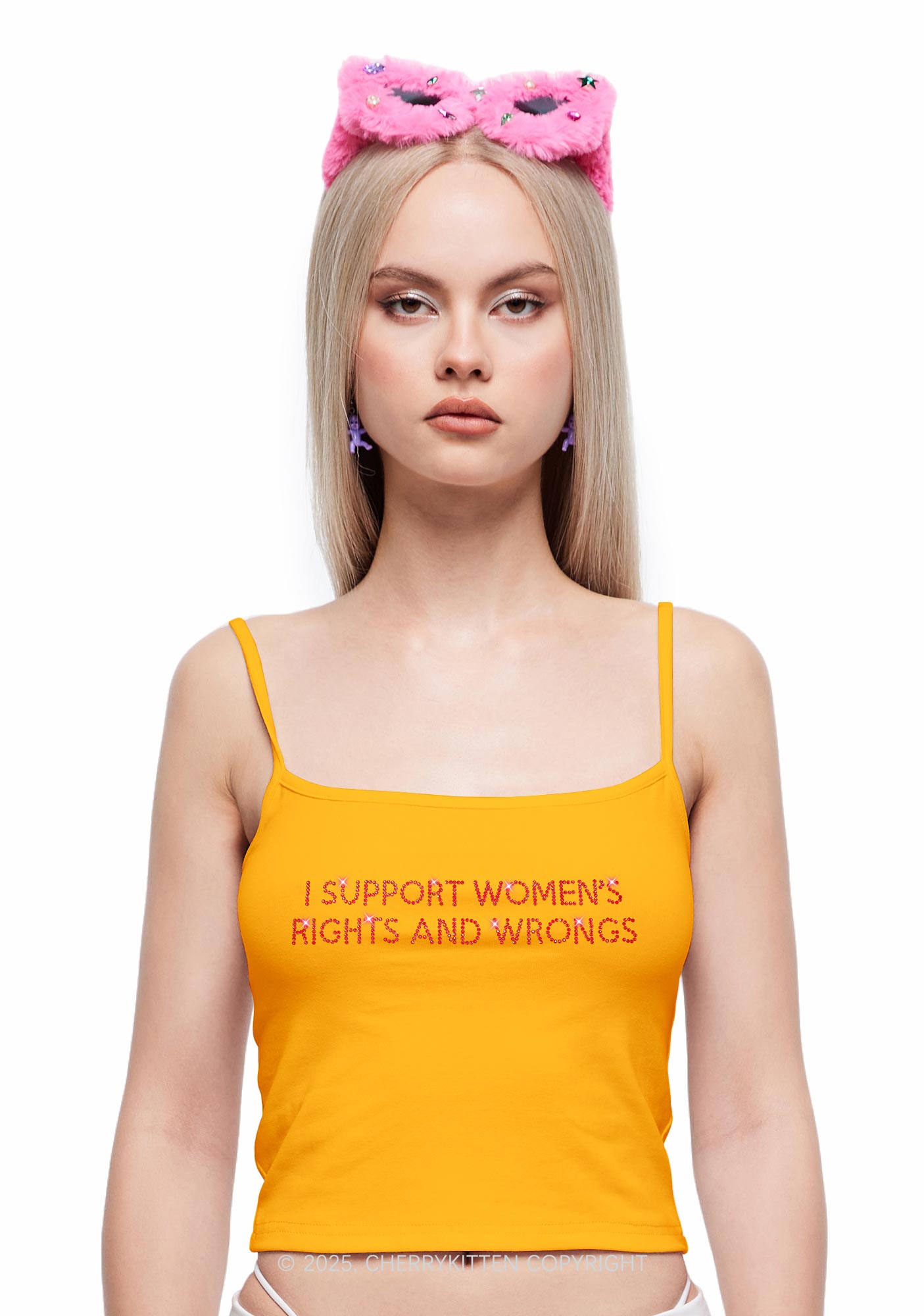 Rhinestone I Support Women Y2K Spaghetti Strap Cami Cherrykitten