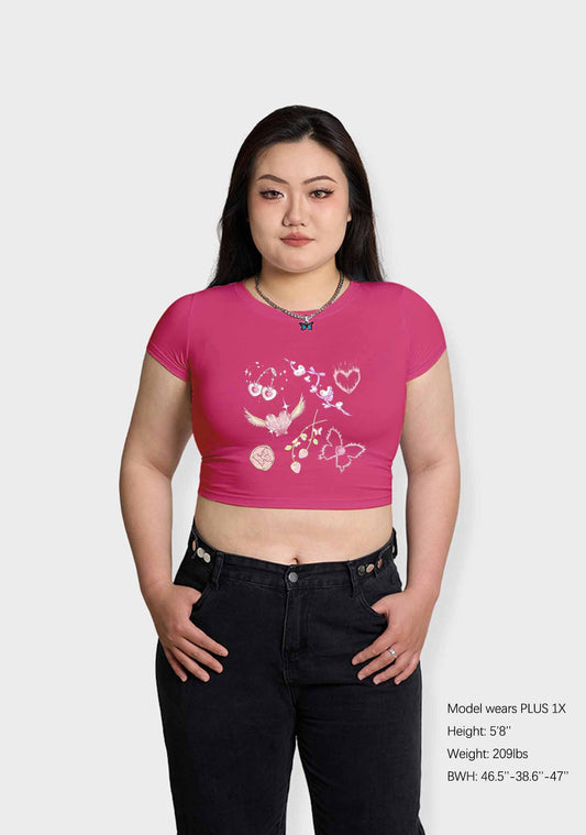 Curvy Pink Heart Butterfly Cherry Strawberry Baby Tee