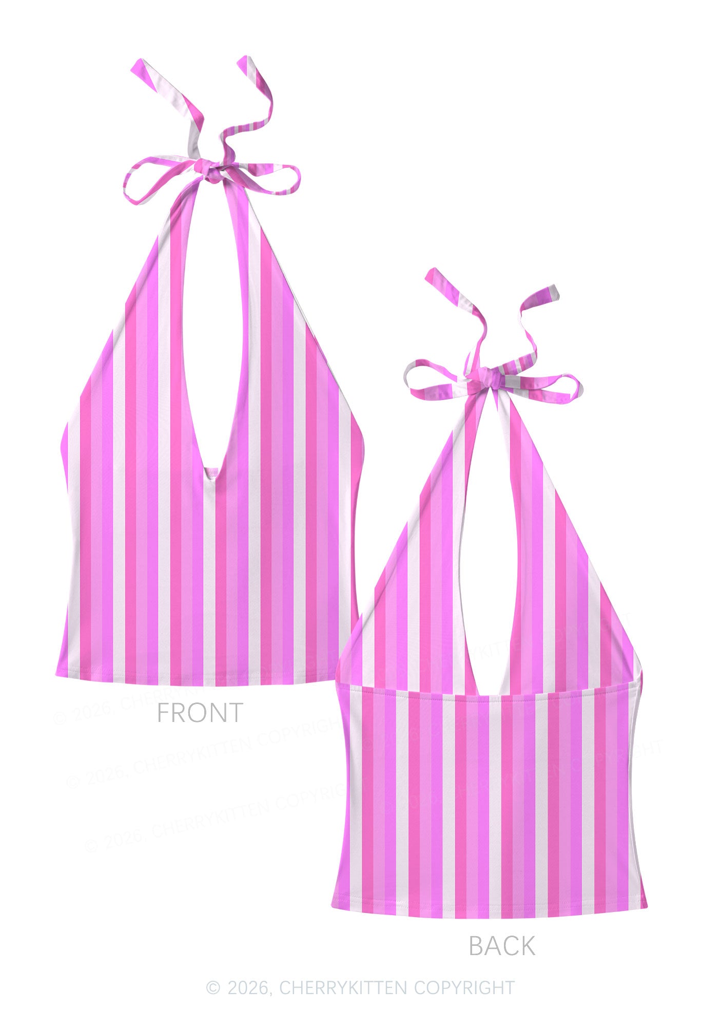 Pink Vertical Stripe Y2K Print Halter Deep V Neck Cami Cherrykitten