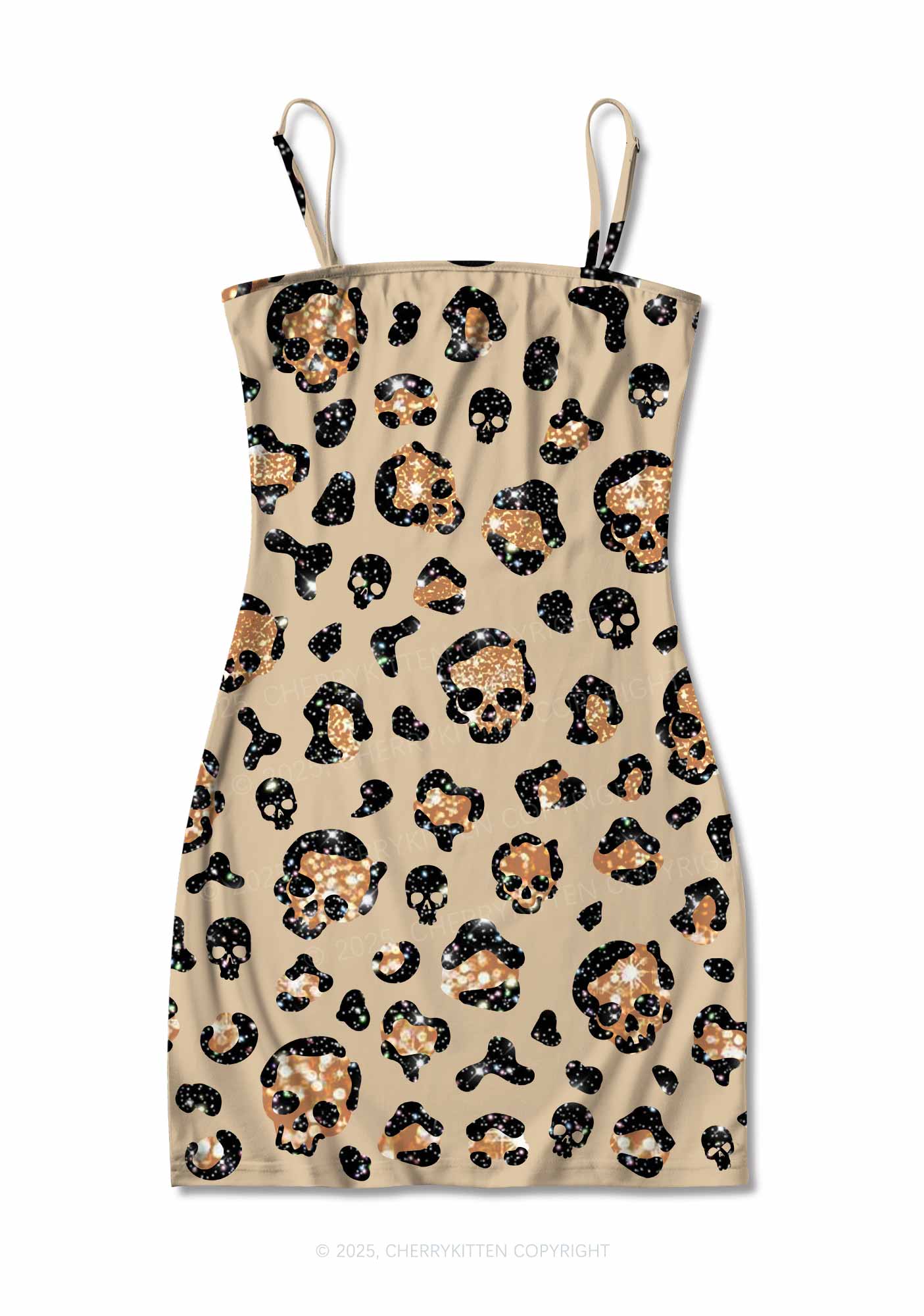 Halloween Leopard Sparkly Skull Y2K Print Slip Dress Cherrykitten
