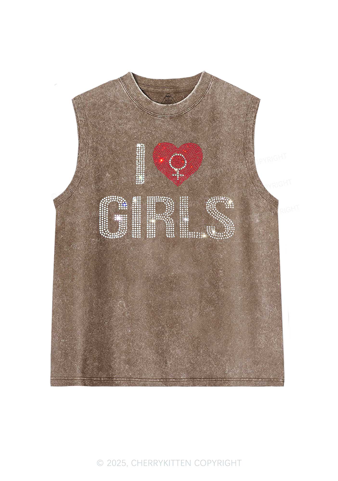 Rhinestone I Love Girls Pride Y2K Washed Muscle Tank Cherrykitten