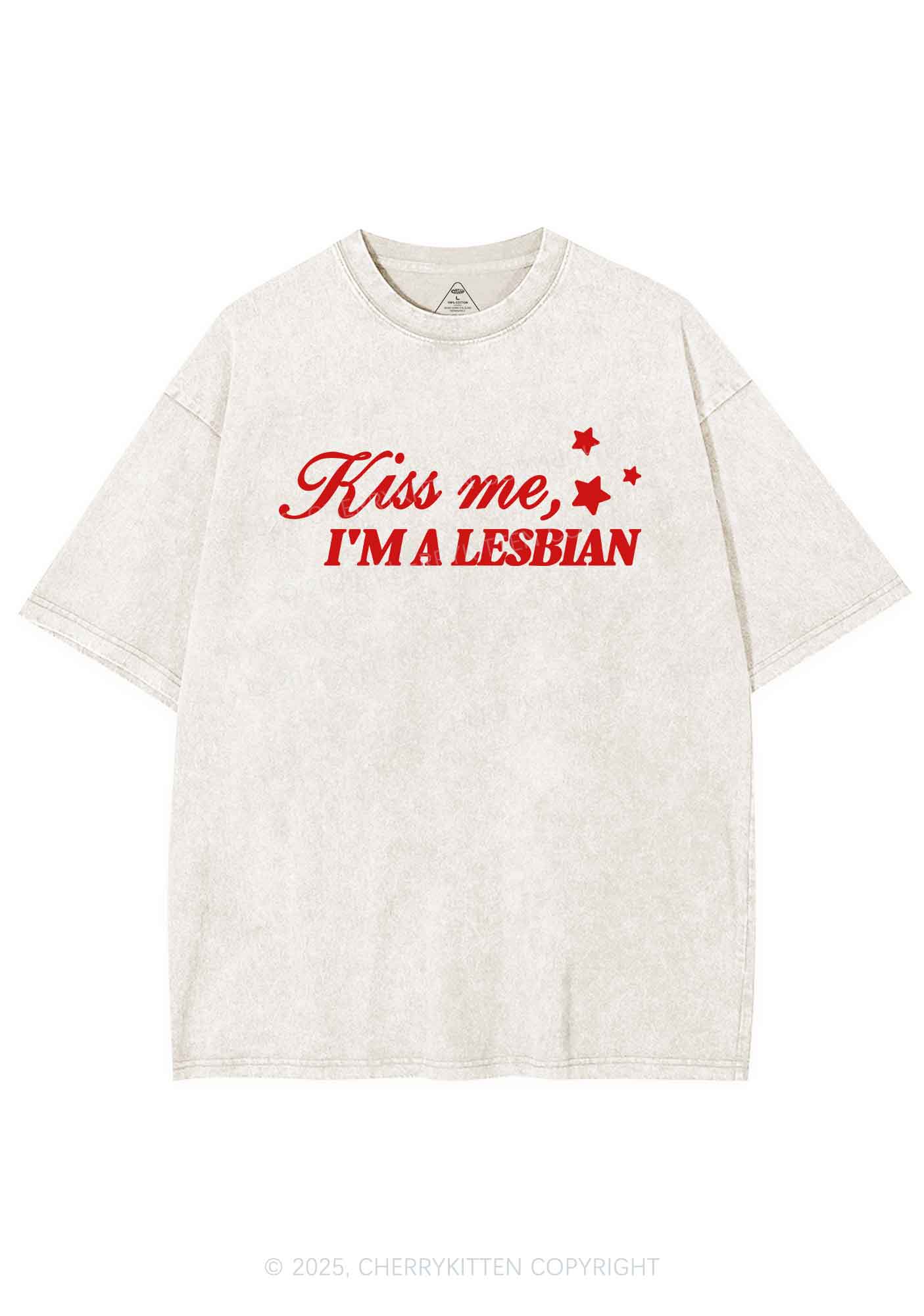 Kiss Me Im Lesbian Pride Y2K Shirts Washed Tee Cherrykitten
