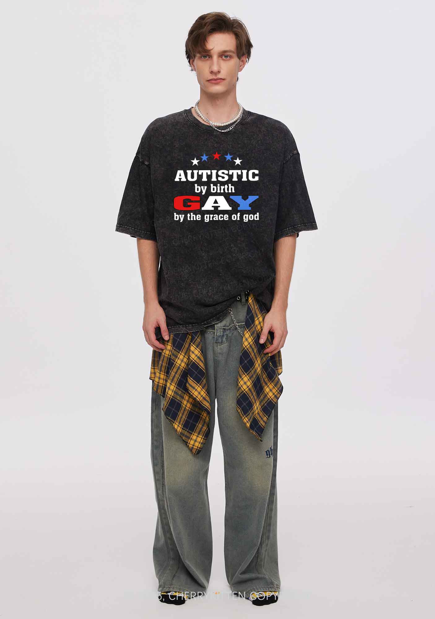 Autistic By Birth Gay Pride Y2K Shirts Washed Tee Cherrykitten