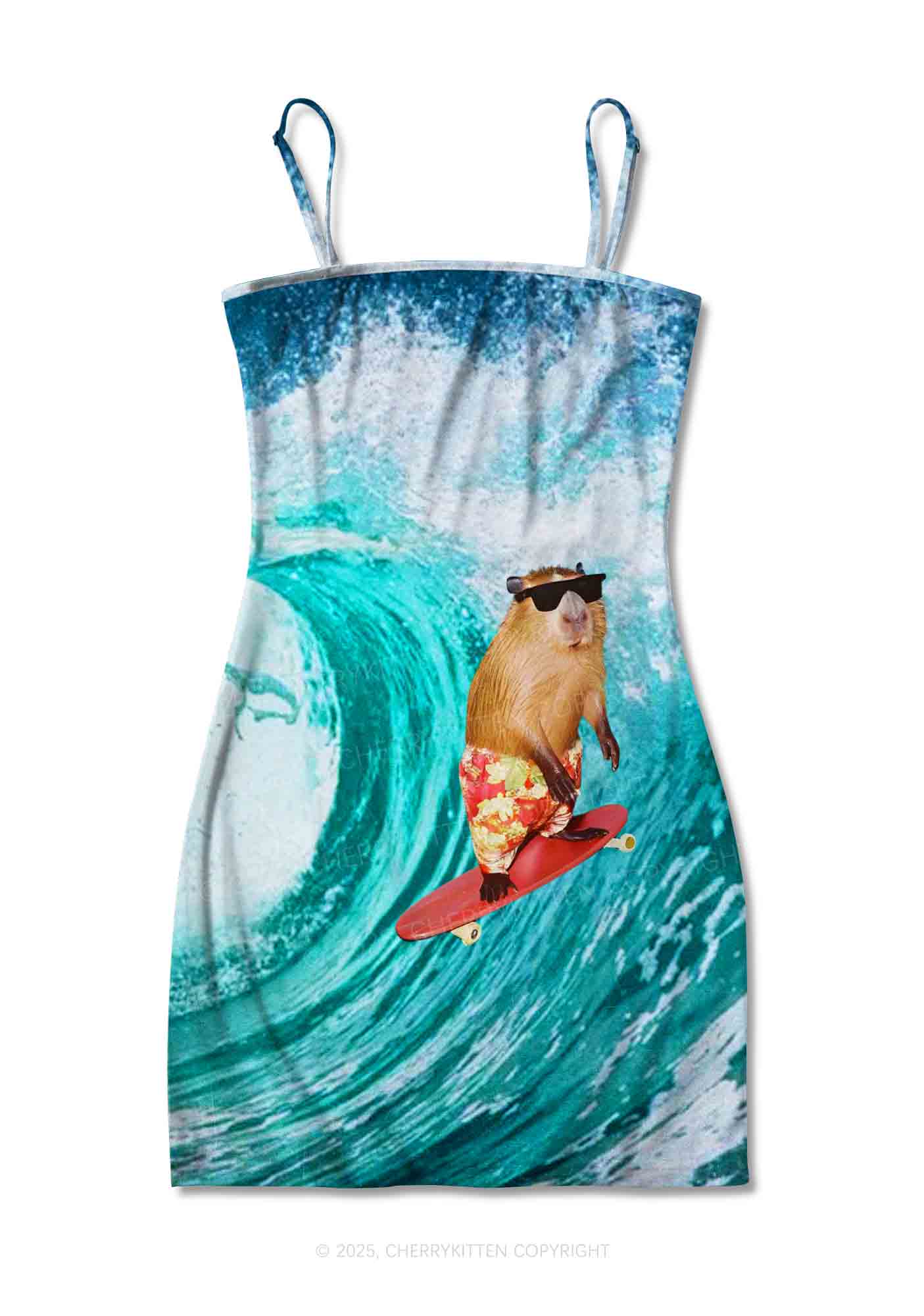 Surfing Capybara Y2K Print Slip Dress Cherrykitten