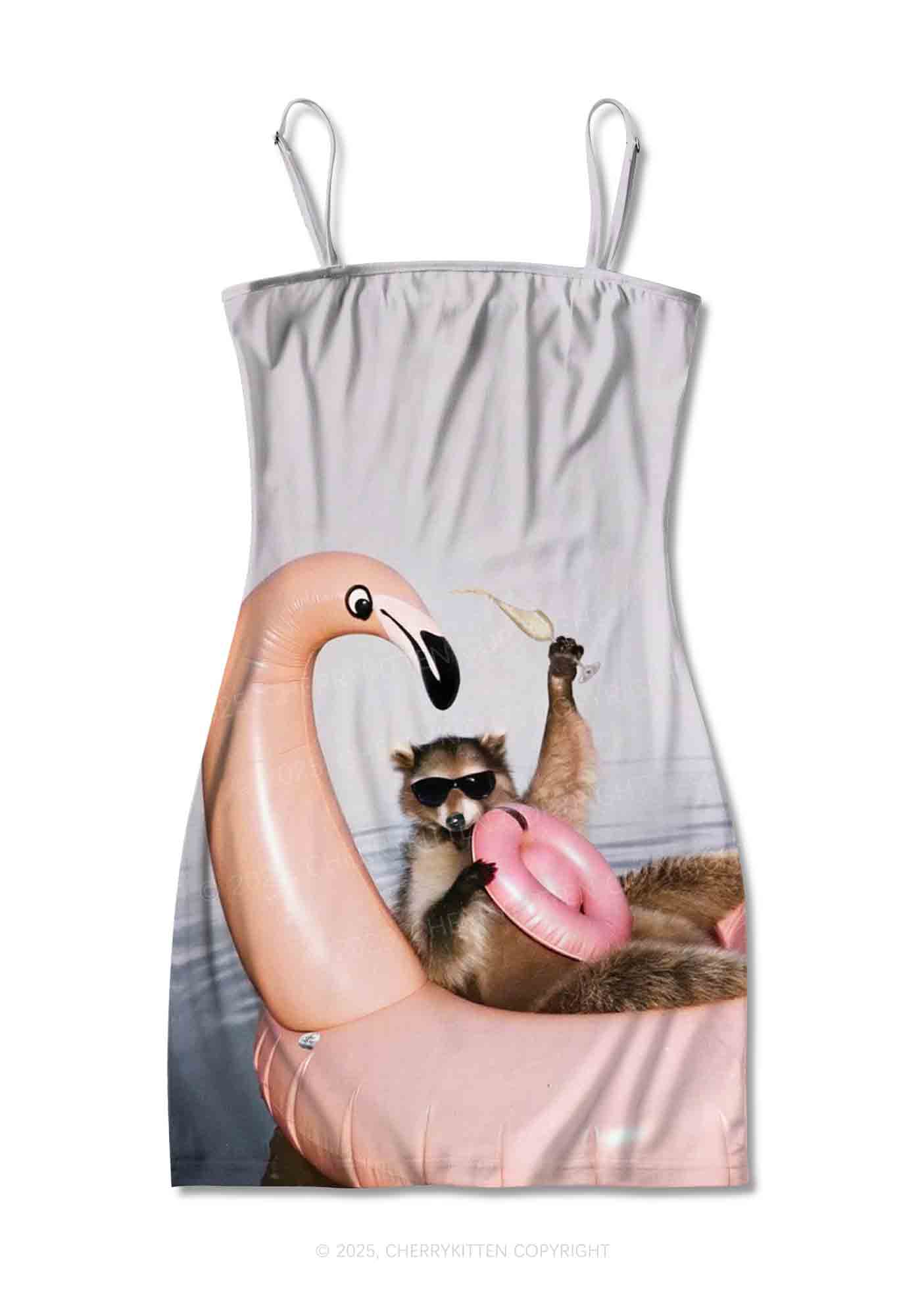 Flamingo Raccoon Y2K Print Slip Dress Cherrykitten