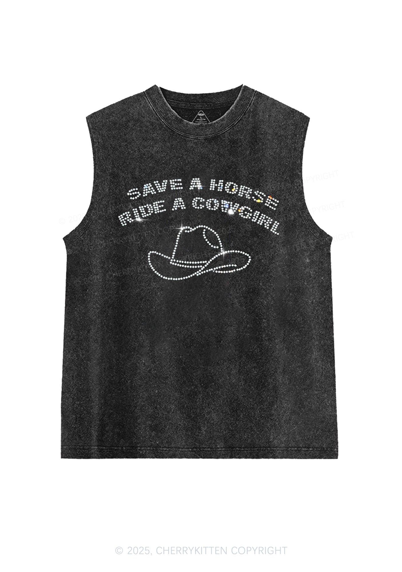 Rhinestone Save Horse Ride Cowgirl Y2K Washed Muscle Tank Cherrykitten