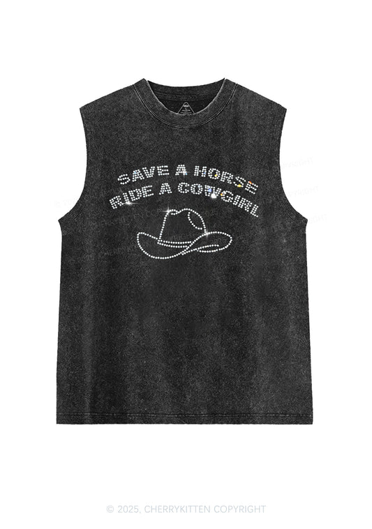 Rhinestone Save Horse Ride Cowgirl Y2K Washed Muscle Tank Cherrykitten