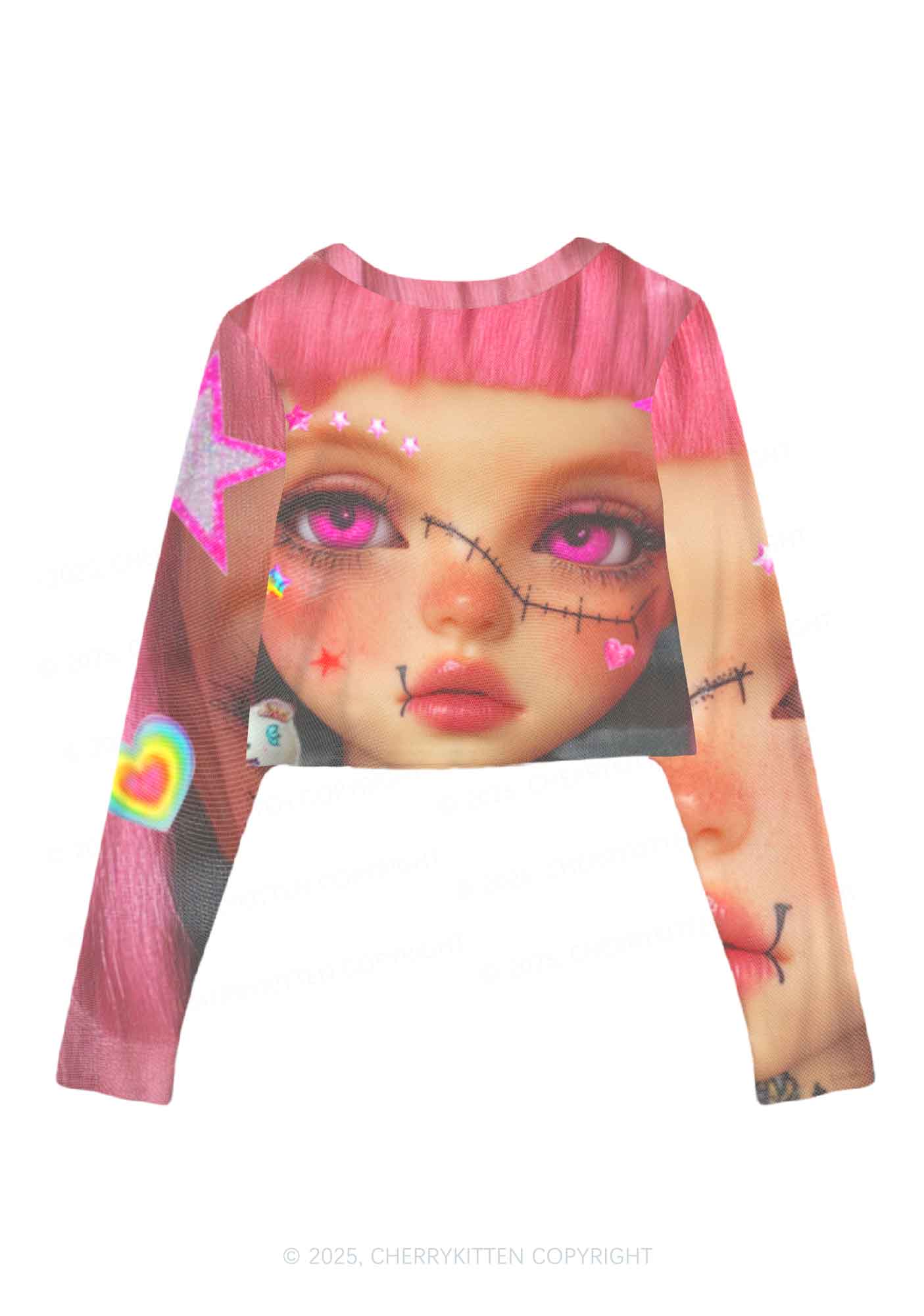 Pink Doll Y2K Mesh Long Sleeve Crop Top Cherrykitten