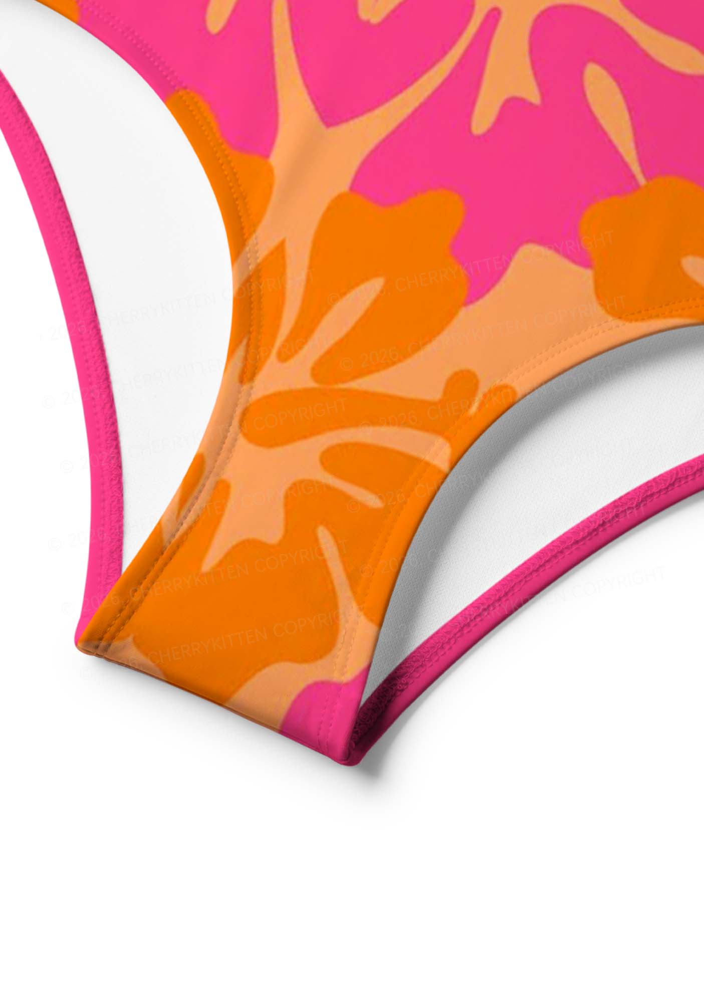 Orange Pink Floral Y2K Print Bikini Set Cherrykitten