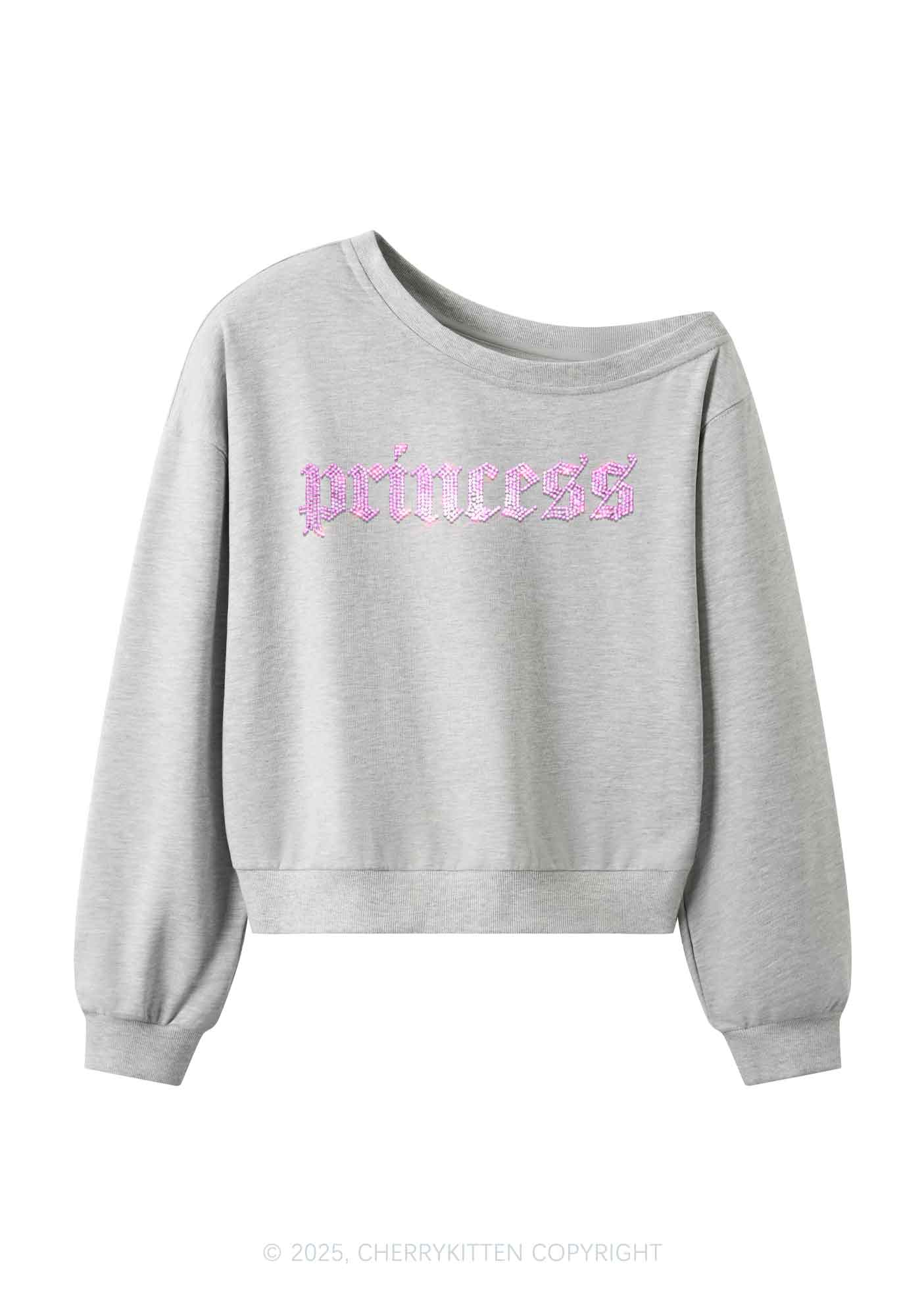 Rhinestone Princess Y2K Off Shoulder Sweatshirts Cherrykitten