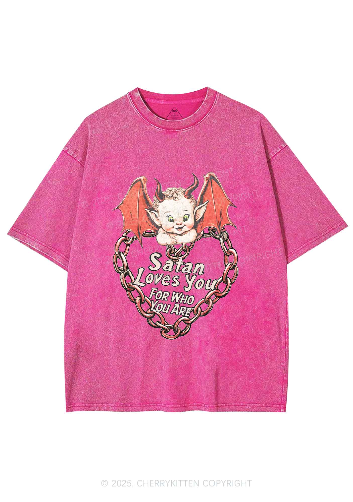 Satan Loves You Y2K Shirts Washed Tee Cherrykitten
