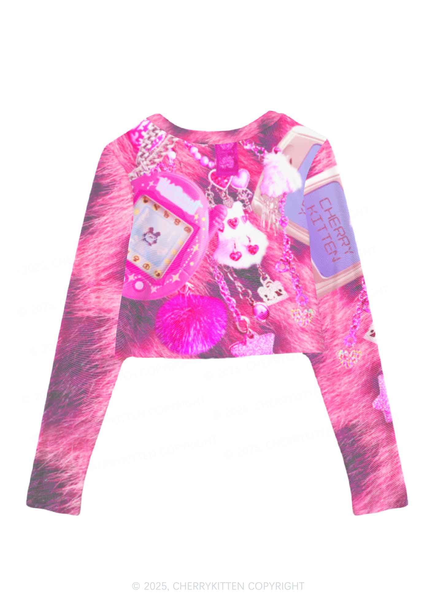 Pink Plush Phone Y2K Mesh Long Sleeve Crop Top Cherrykitten