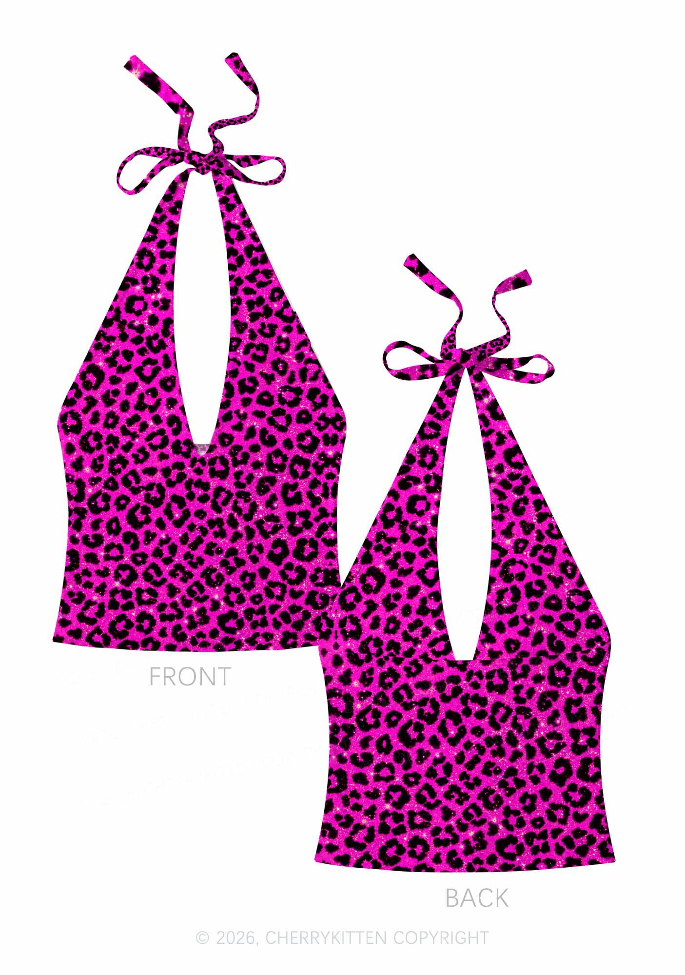 Hot Pink Leopard Y2K Print Halter Deep V Neck Cami Cherrykitten