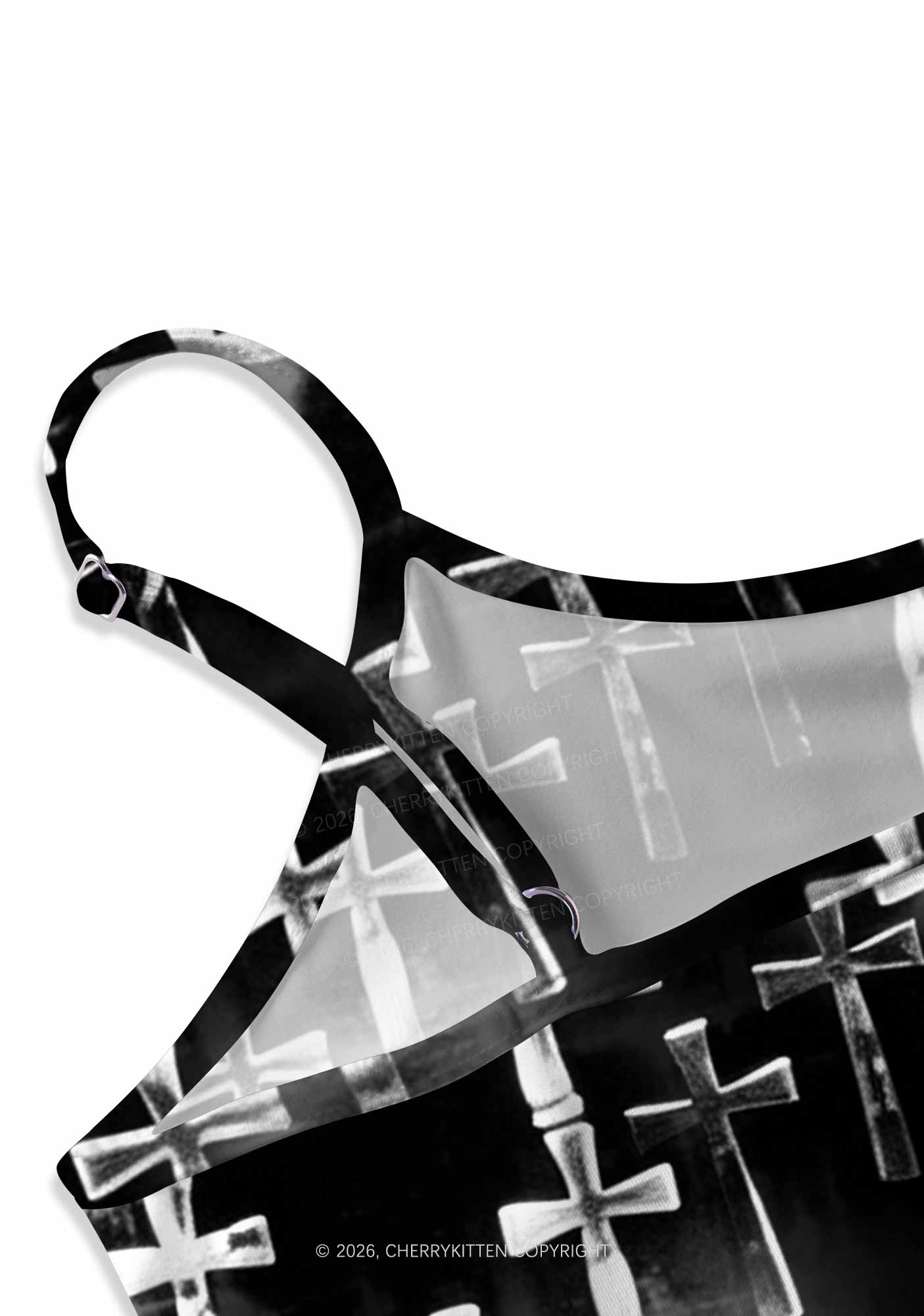 Halloween Silver Cross On Black Y2K Print Slip Dress Cherrykitten