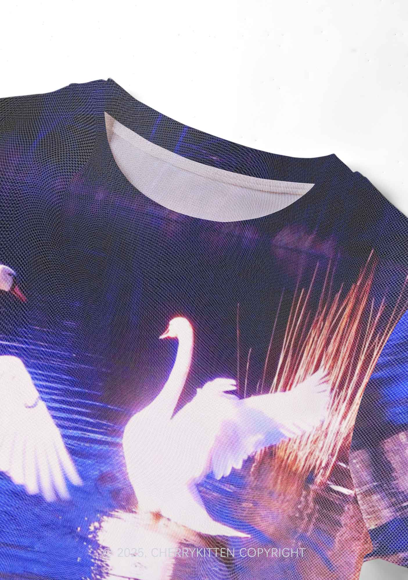 Swans on Water Y2K Mesh Crop Top Cherrykitten