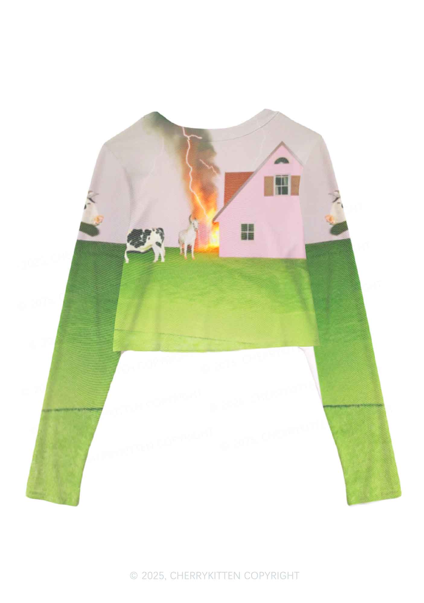 Pony Cow Y2K Mesh Long Sleeve Crop Top Cherrykitten