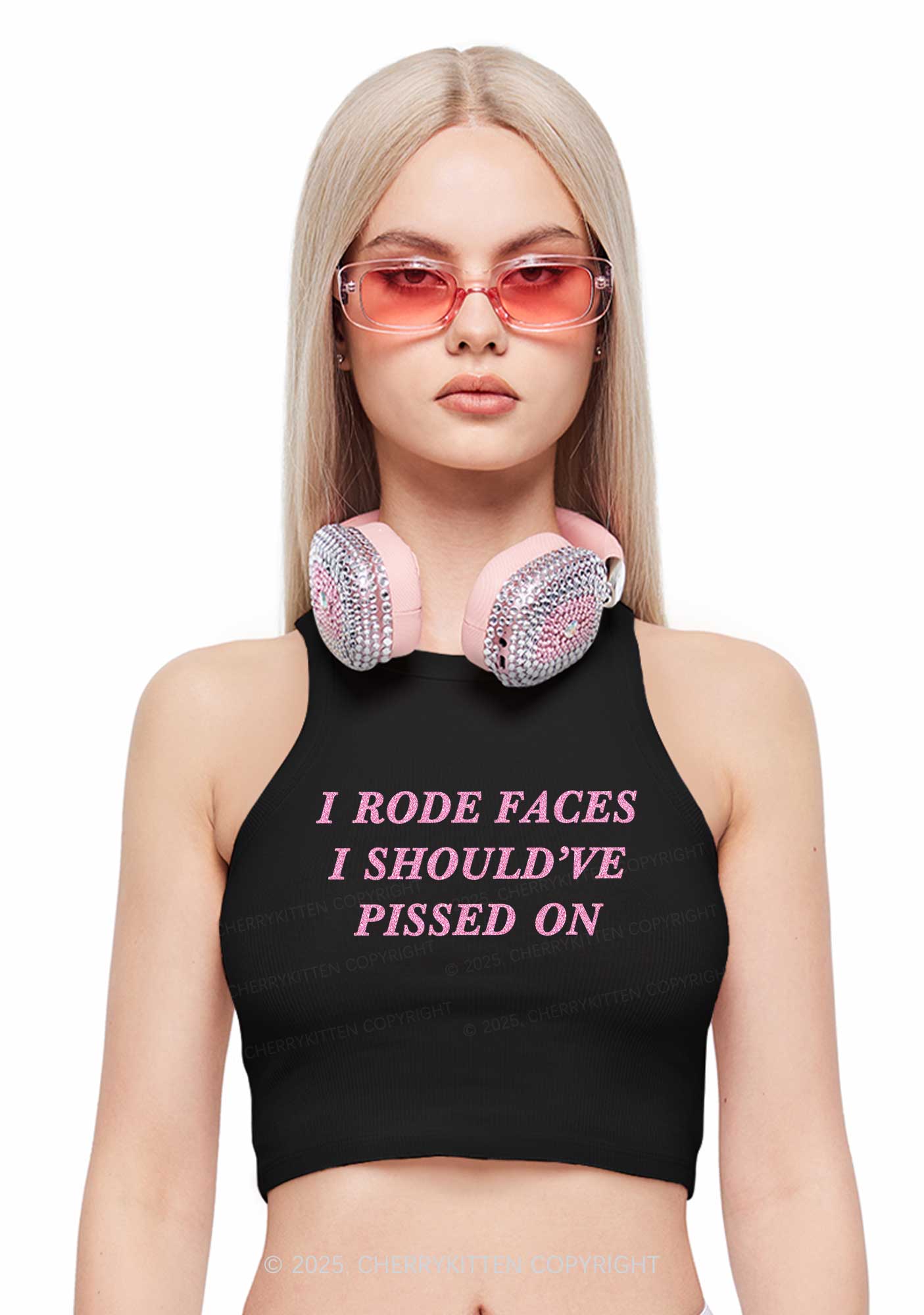 Glitter I Rode Faces Y2K Crop Tank Top Cherrykitten