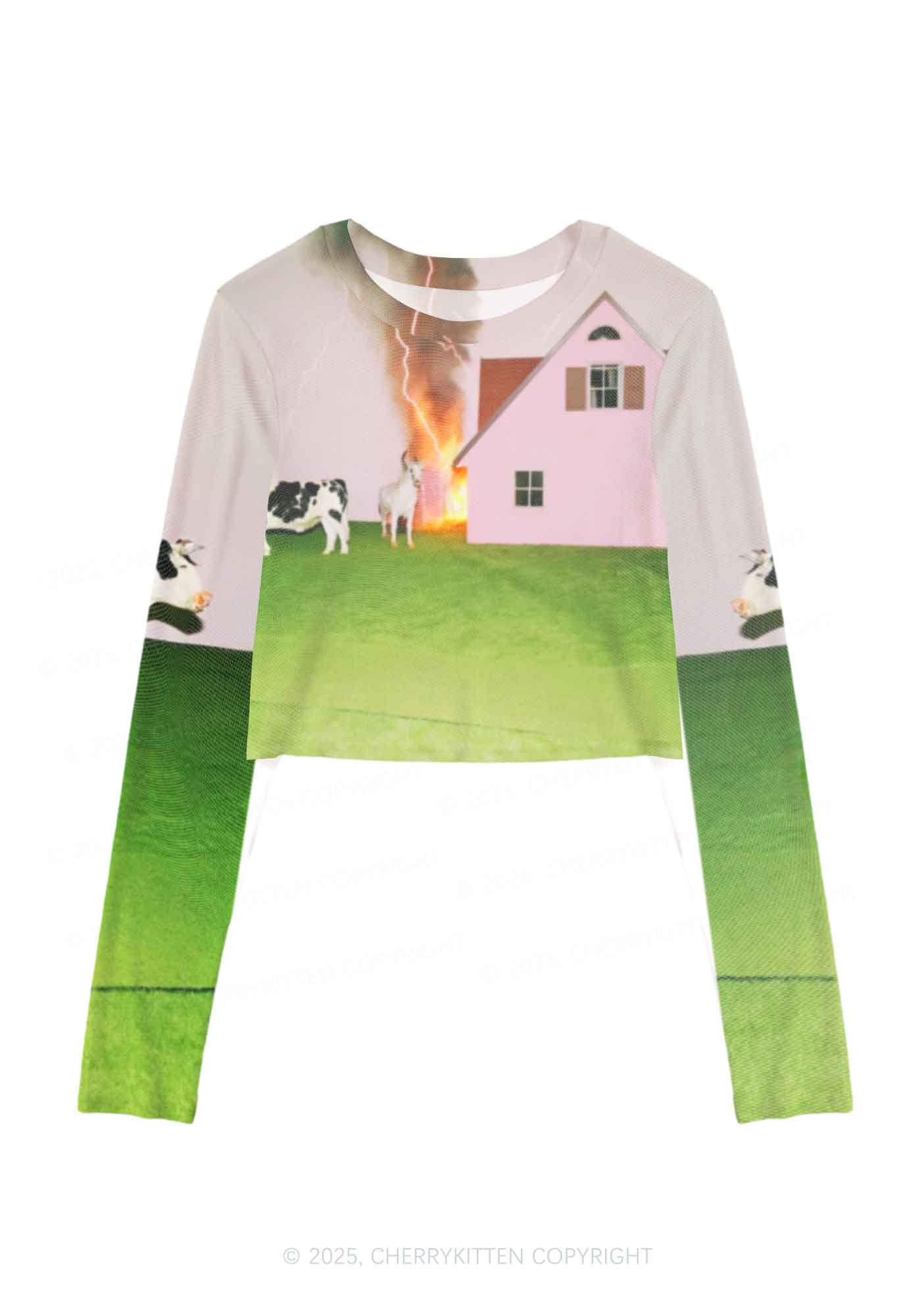 Pony Cow Y2K Mesh Long Sleeve Crop Top Cherrykitten