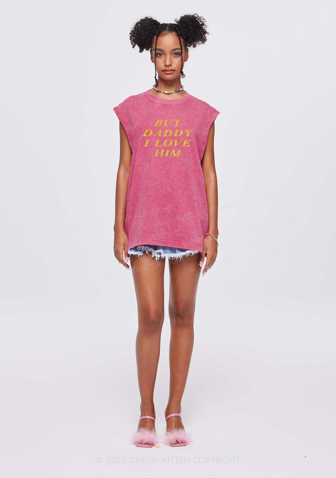 Glitter But Daddy I Love Him Y2K Washed Muscle Tank Cherrykitten