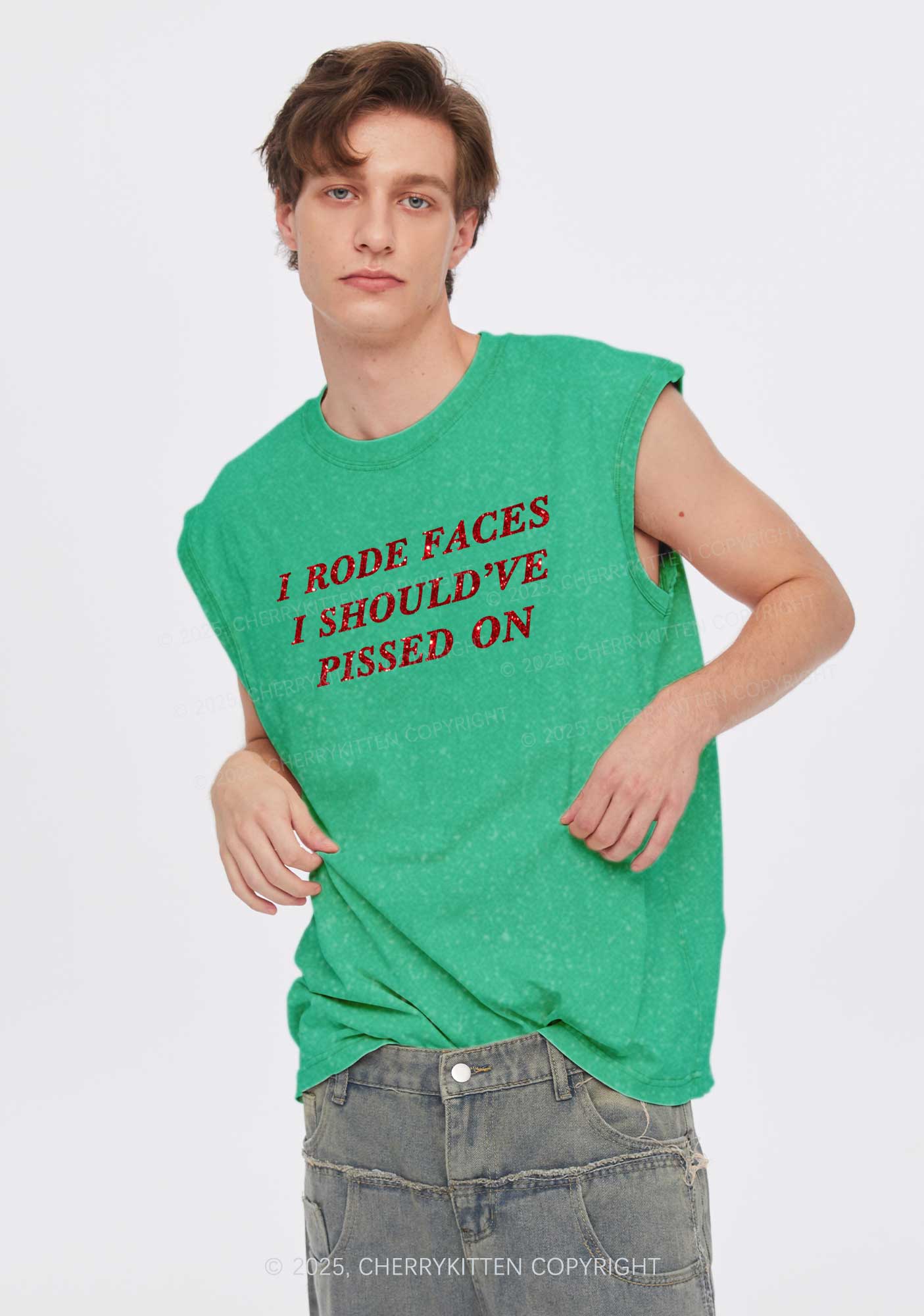 Glitter I Rode Faces Y2K Washed Muscle Tank Cherrykitten