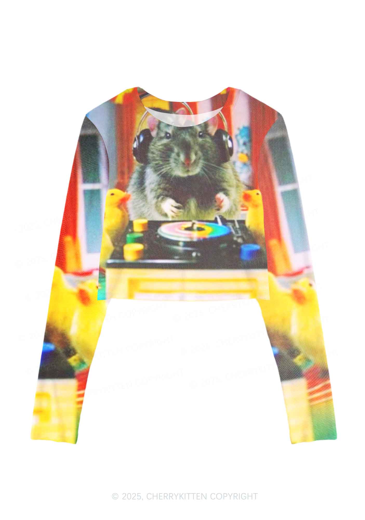 DJ Rat Duck Y2K Mesh Long Sleeve Crop Top Cherrykitten