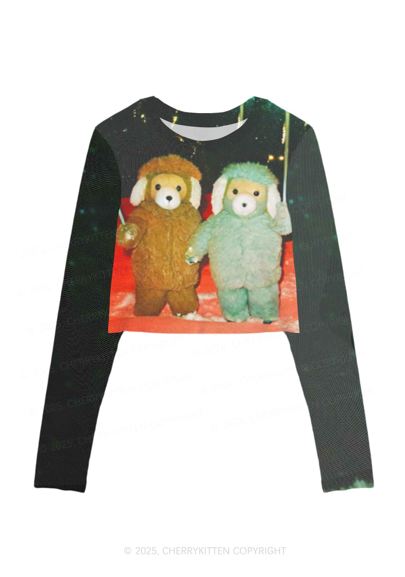 Bear Friends Y2K Mesh Long Sleeve Crop Top Cherrykitten